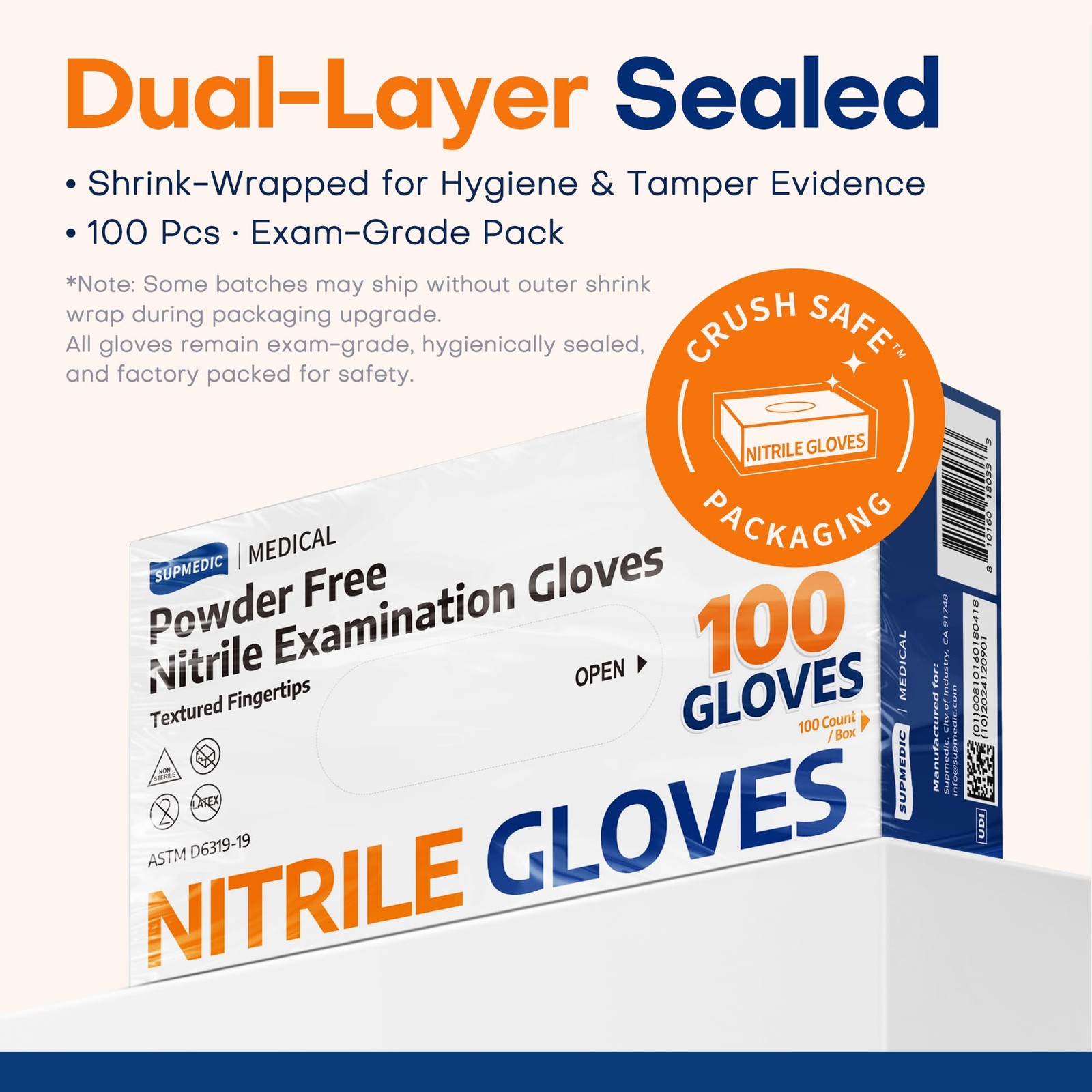 Supmedic 100 Pcs Medical Nitrile Exam Gloves Latex-Free Powder-Free Food Safe M