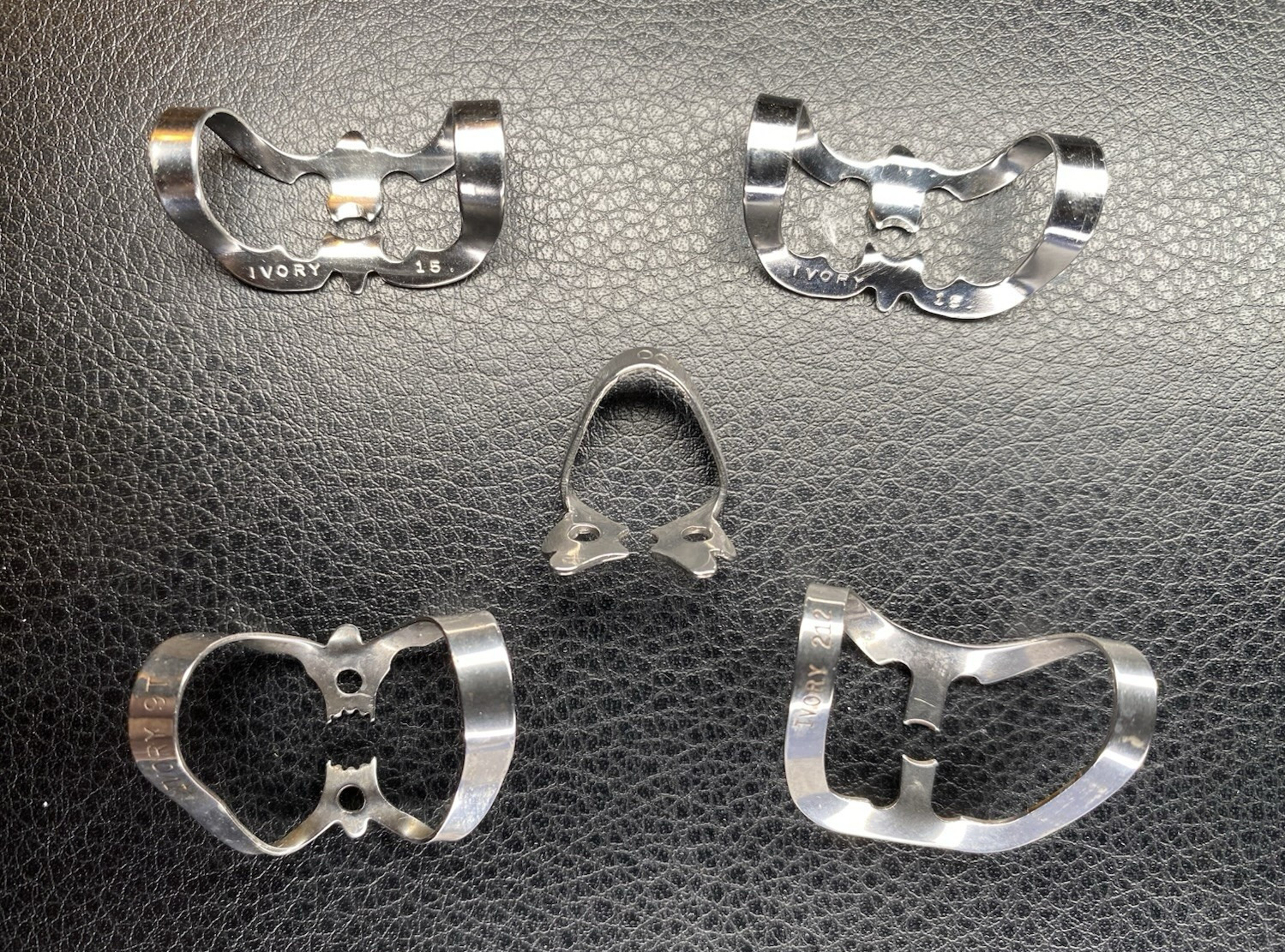 KULZER IVORY Lot of 5 ANTERIOR Dental Rubber Dam Clamps 212, 9T, 15, 15, 00