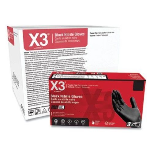 Case of X3 by AMMEX Powder Free Textured Industrial Black Nitrile Gloves Large