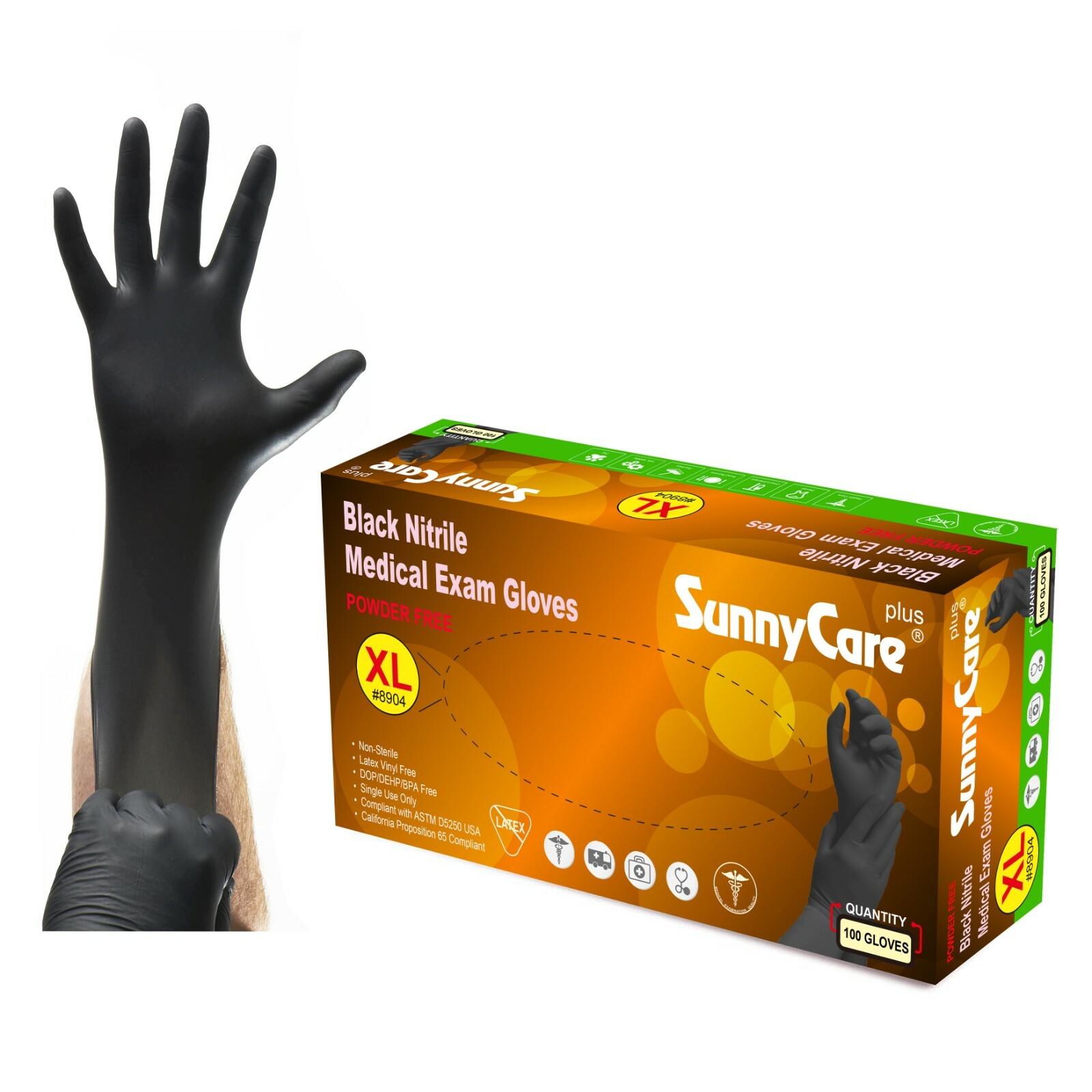 100 SunnyCare® 5Mil Black Nitrile Exam Gloves Powder Free (Non Vinyl Latex) XL
