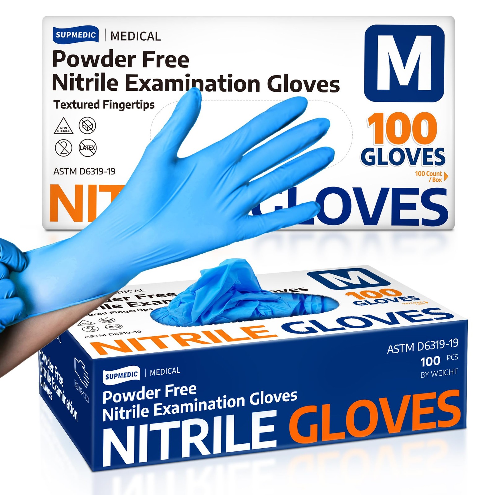 Supmedic 100 Pcs Medical Nitrile Exam Gloves Latex-Free Powder-Free Food Safe M