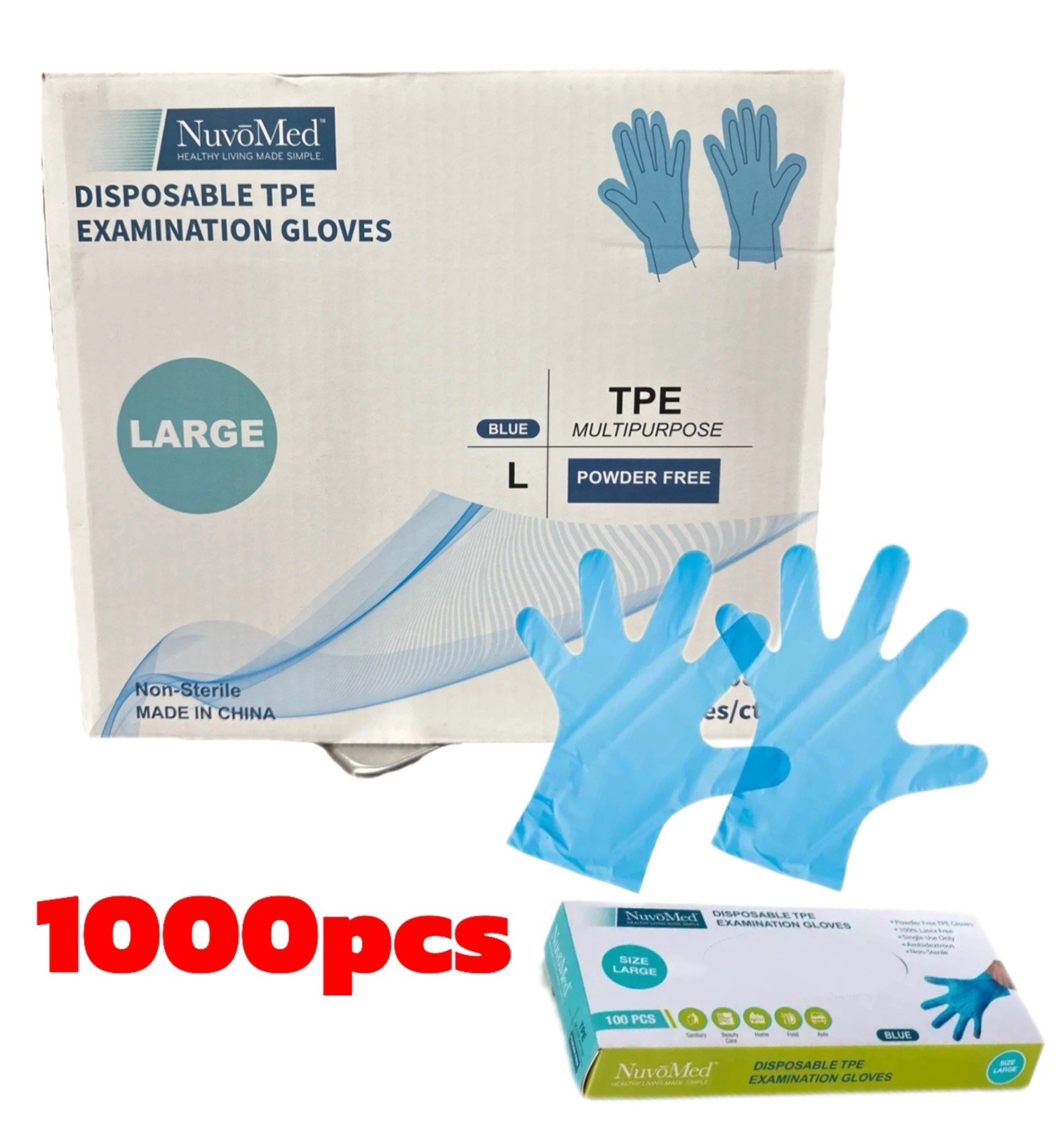 NuvoMed TPE Disposable Gloves 1000 pcs Blue Large Powder Free Food Prep Cleaning
