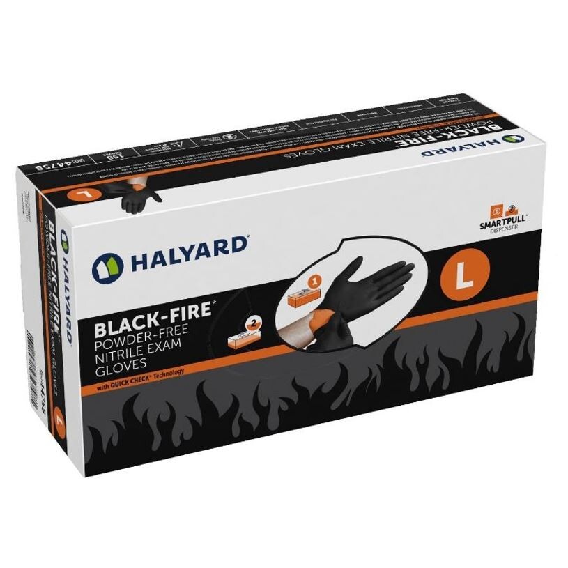 *150-Pieces* Halyard Black-Fire PF Nitrile Medical Exam Gloves Large 44758