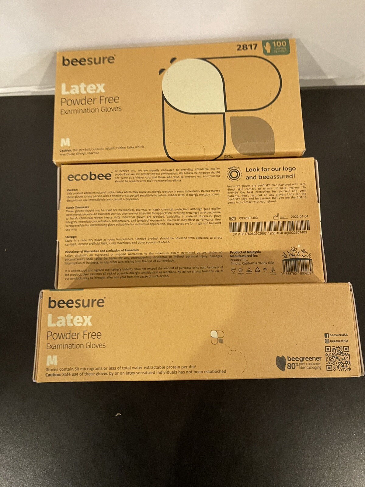 2817 BeeSure Latex Exam Gloves Powder Free Medium 100/Bx, Lot of 3 Boxes