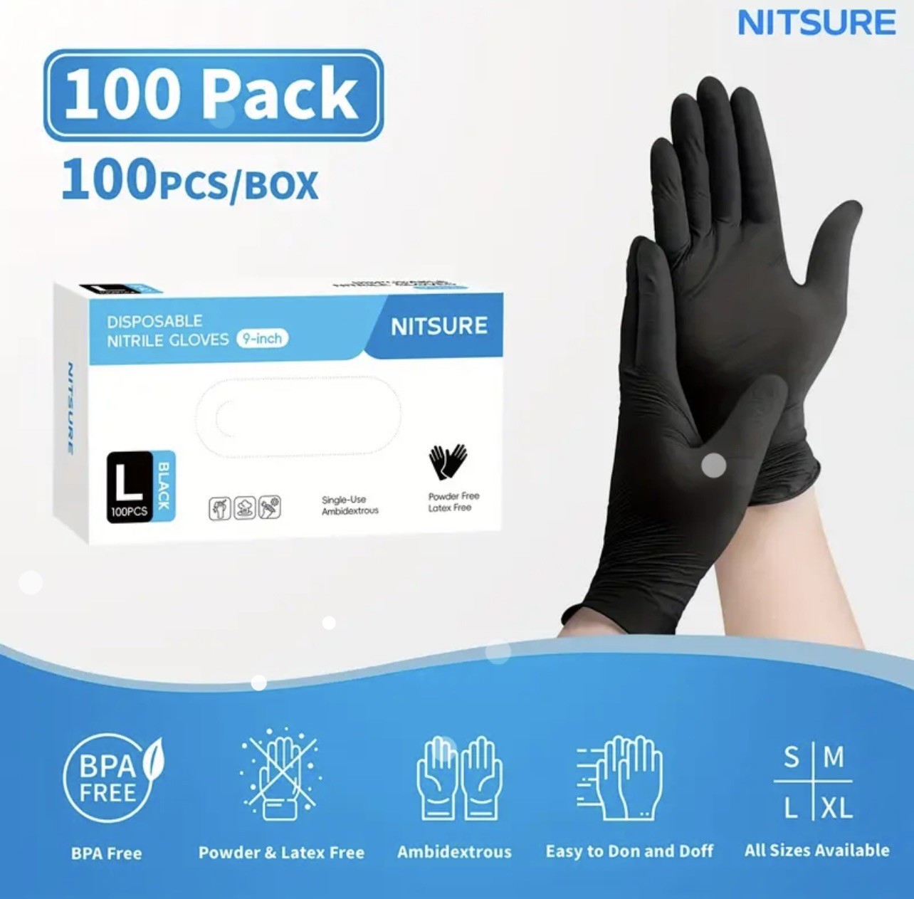 Black Nitrile Medical Gloves Large Powder Free Latex Free Food Grade 100pcs