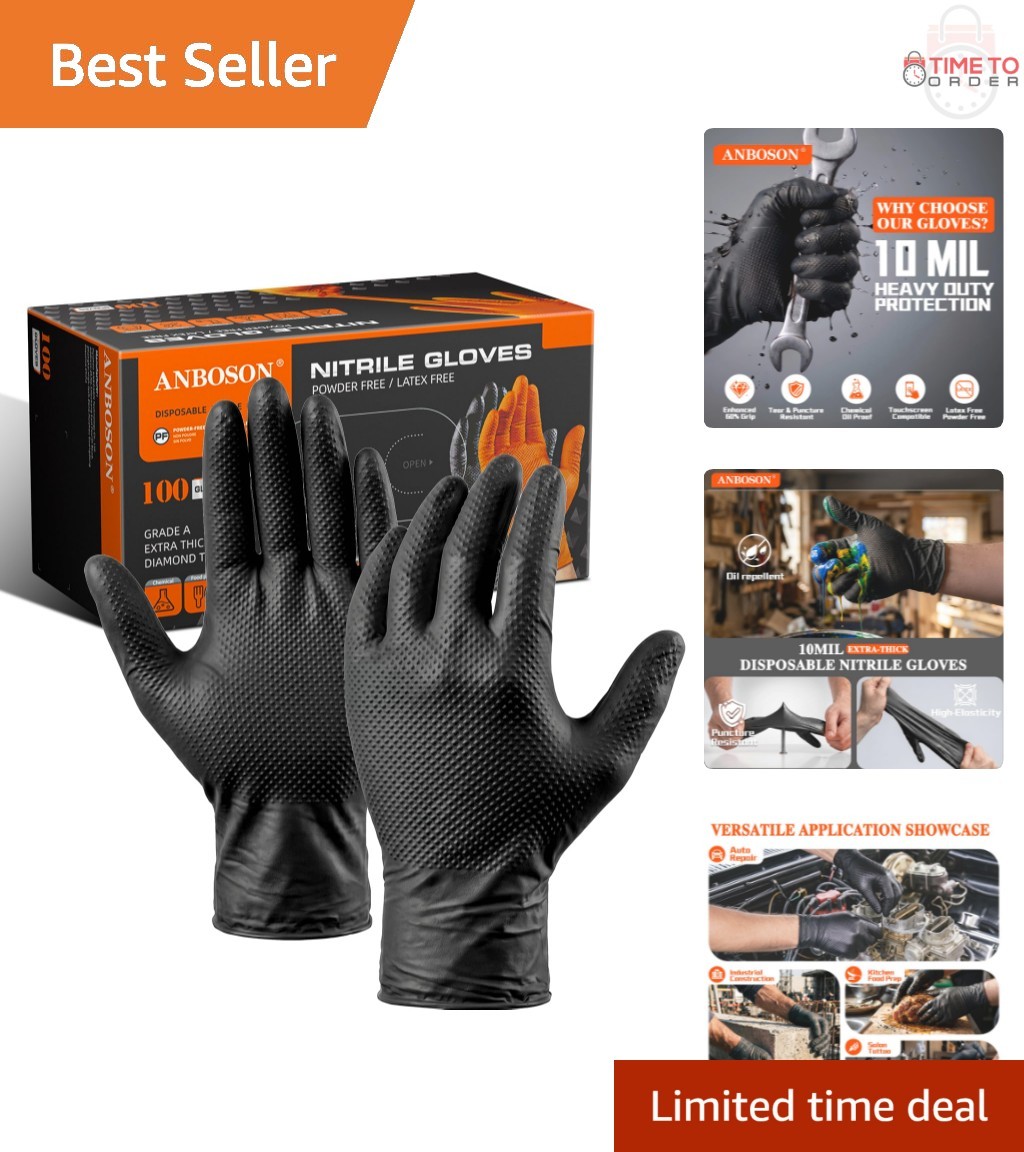 Heavy Duty Nitrile Gloves Large Black Disposable Chemical Resistant Food Safe