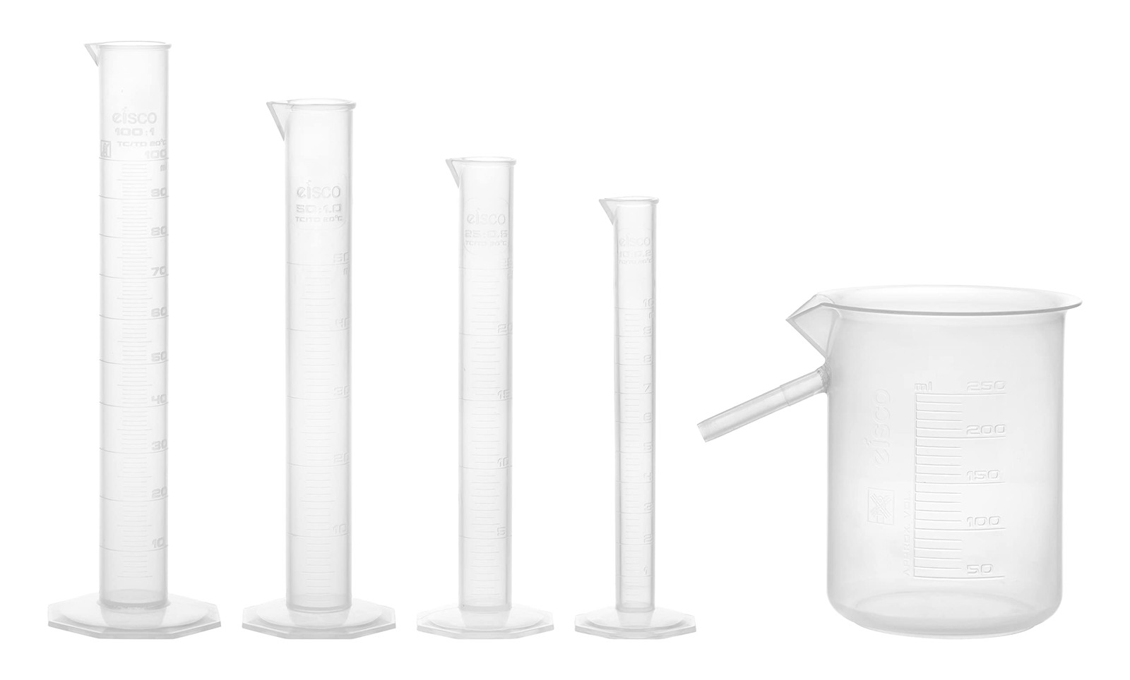 EISCO Graduated Cylinder Set – 10mL, 25mL, 50mL & 100mL + 250mL Clear