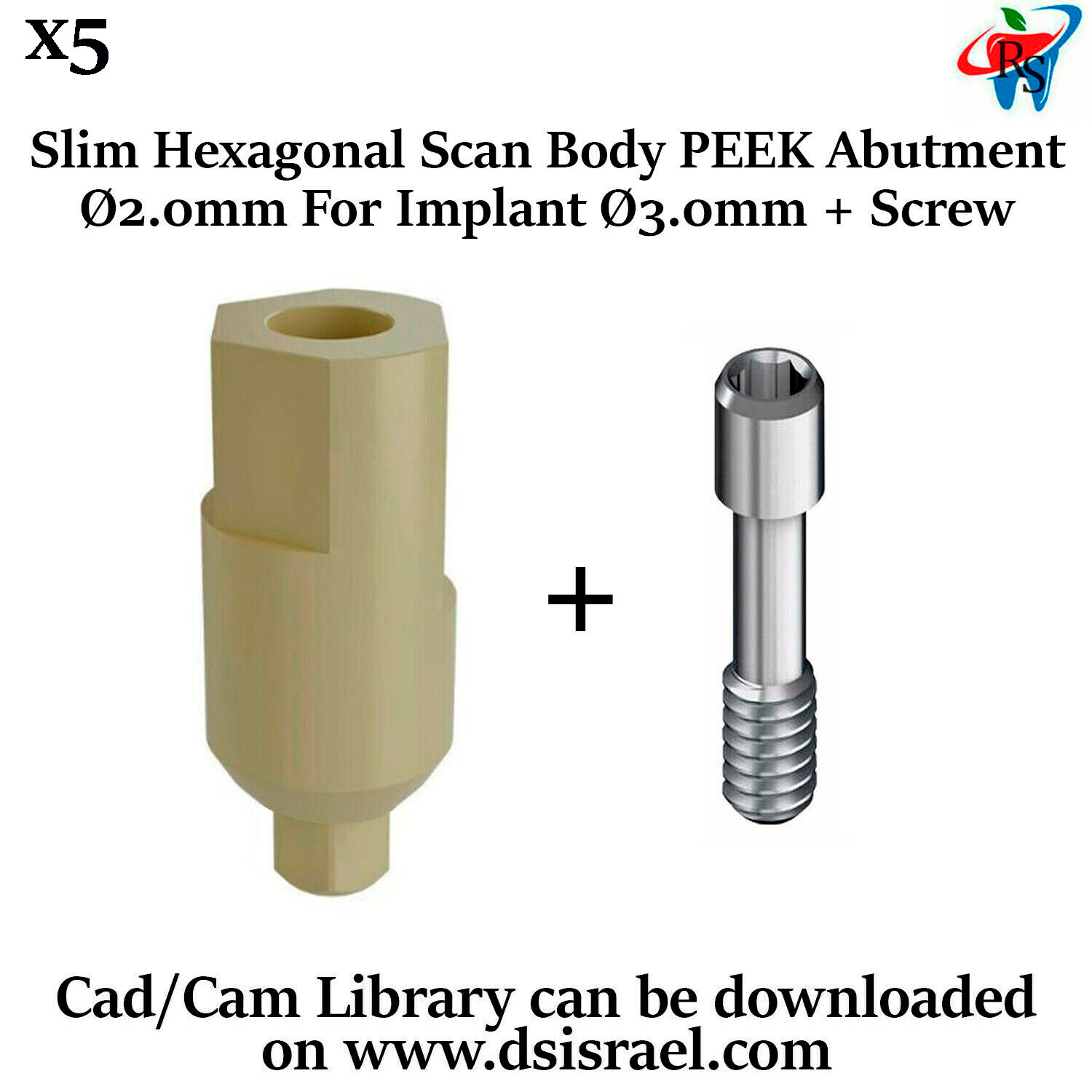 5x Dental Implant Cad/Cam Slim PEEK Post Scan Abutment Digital Library Ø2.0mm