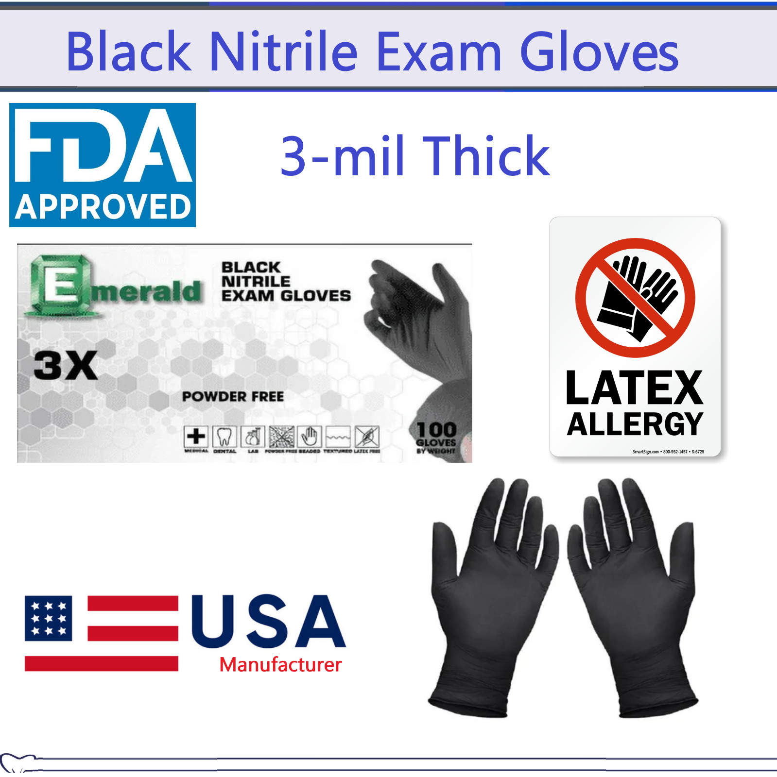1000 Nitrile Exam Gloves Powder Free Non Latex Emerald Medical Grade 4MIL Black