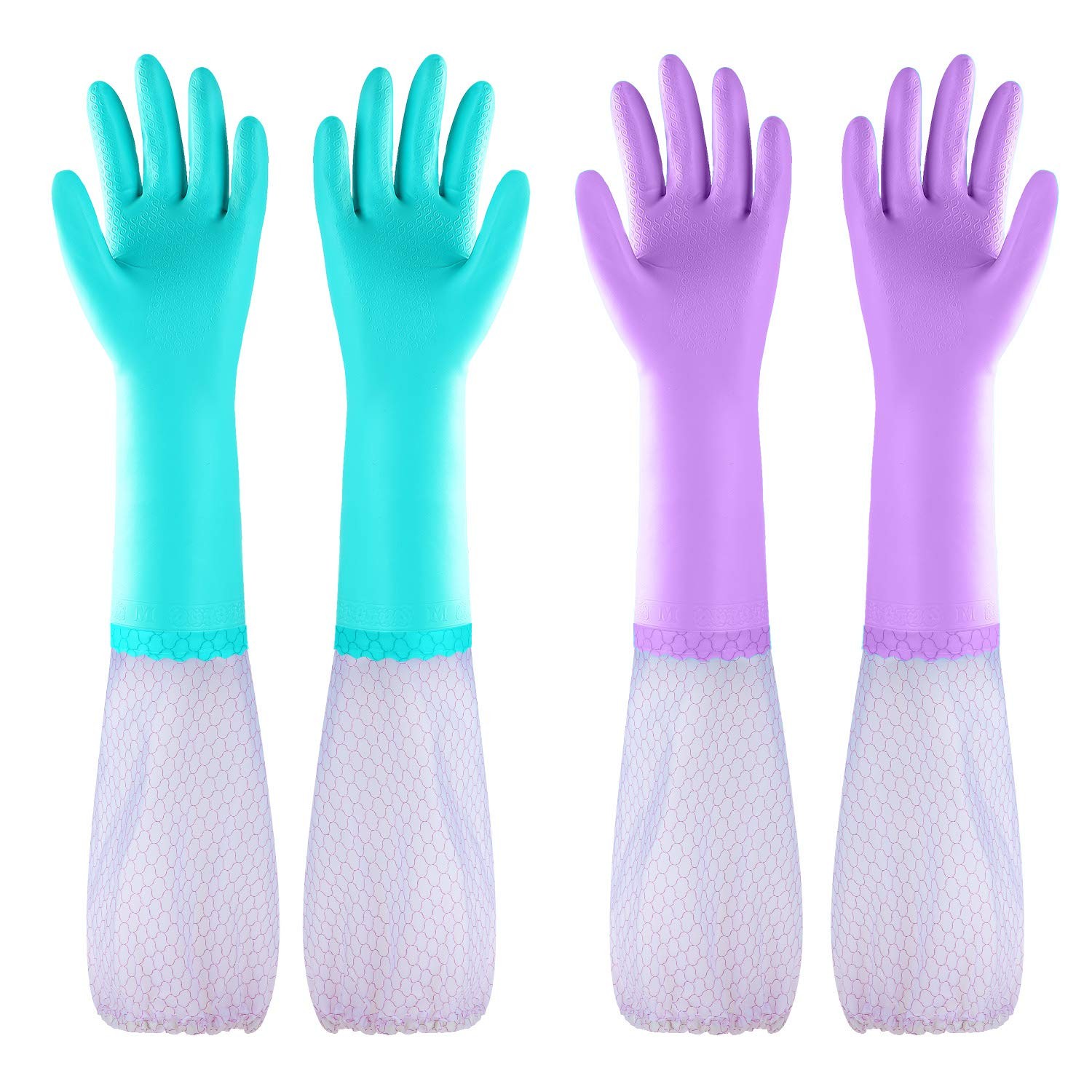 Reusable Long Sleeve Dishwashing Gloves, Latex Free, Cotton Lining, 2 Pairs