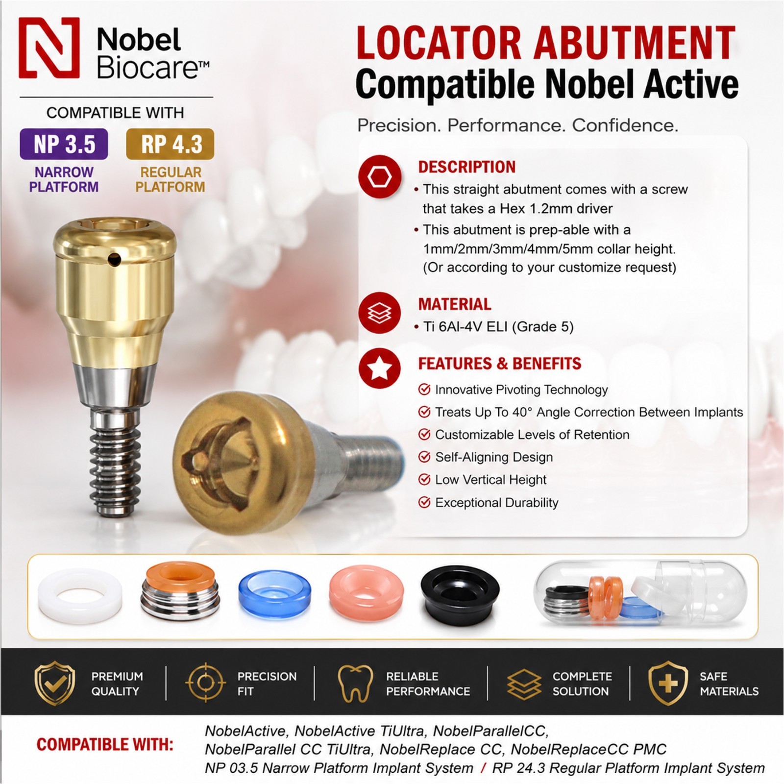 Overdenture Tapered Locator Abutment For Hiossen Nobel ITI Zimmer MIS Titanium