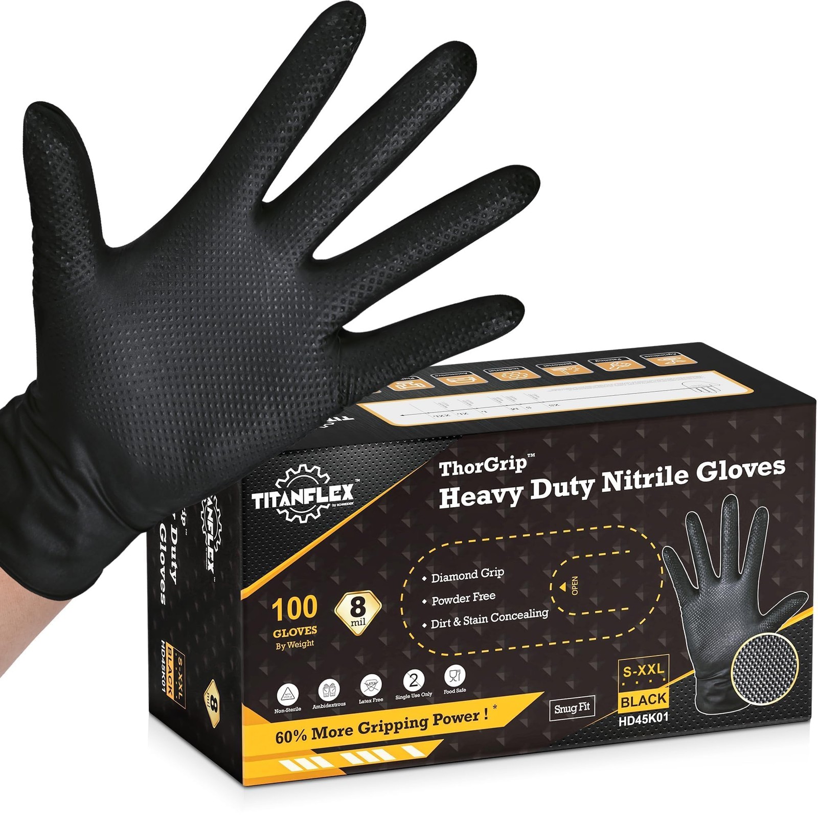 Heavy Duty Black Industrial Nitrile Gloves, 8mil, Large, Box of 100, Latex Fr…
