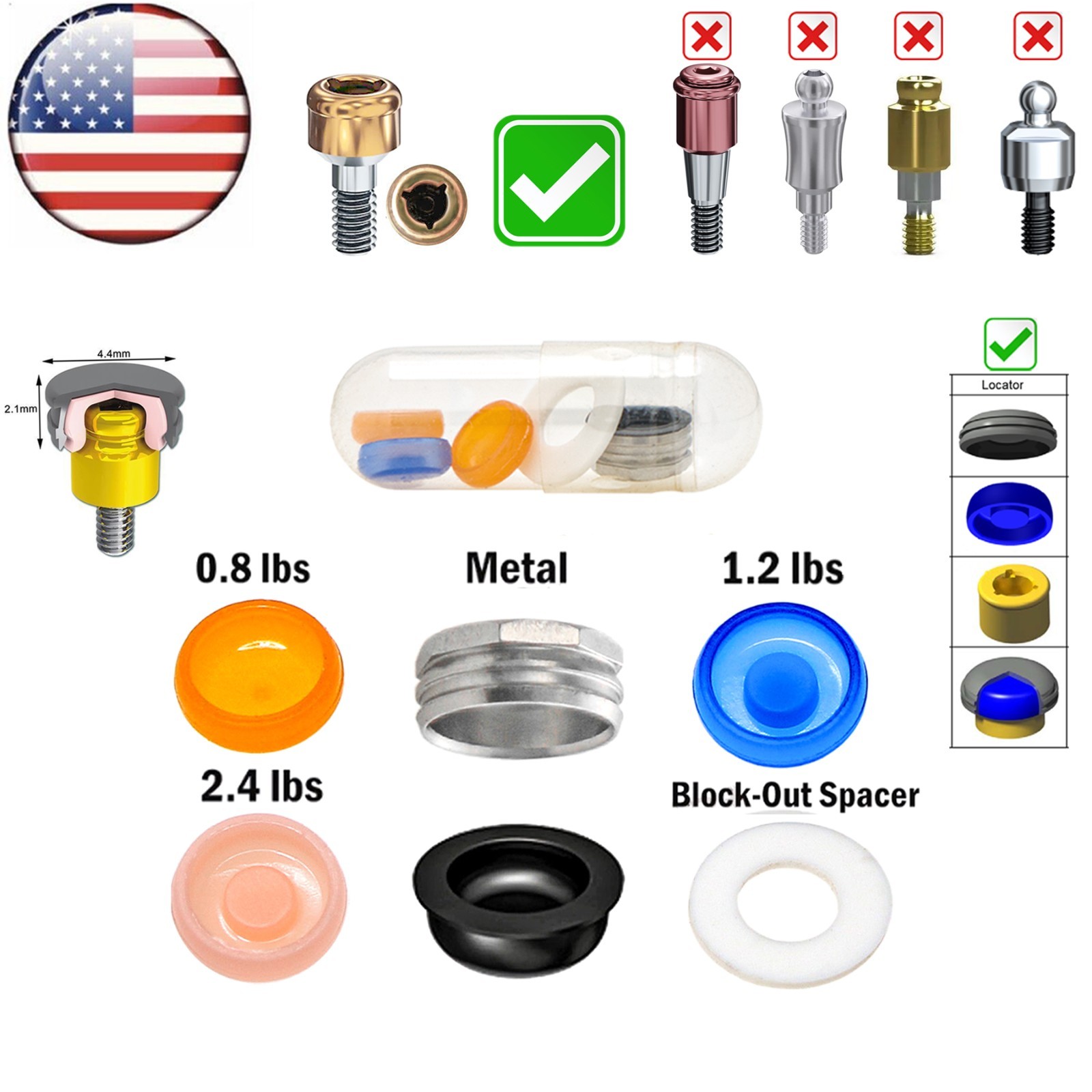 US Dental Overdenture Retention Caps Locator Core Tool Abutment Implant Inserts