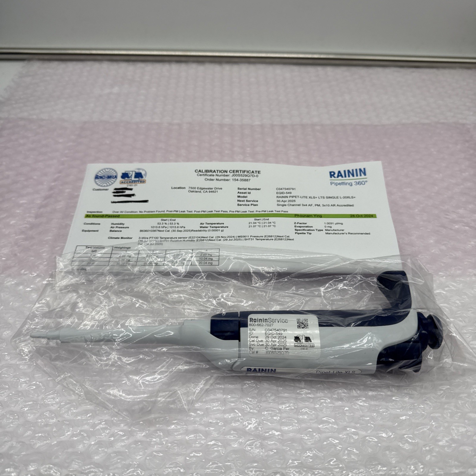 Rainin L-20 XLS Pipet Lite XLS ~ LTS 2-20ul LTS ~ Single Channel ~ Calibrated