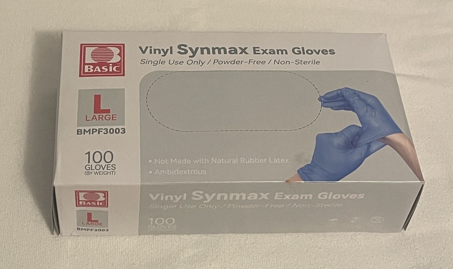 Basic Medical Vinyl Exam Gloves BMPF 3003 Lg, Latex-Free, Powder-Free, 100 Ct