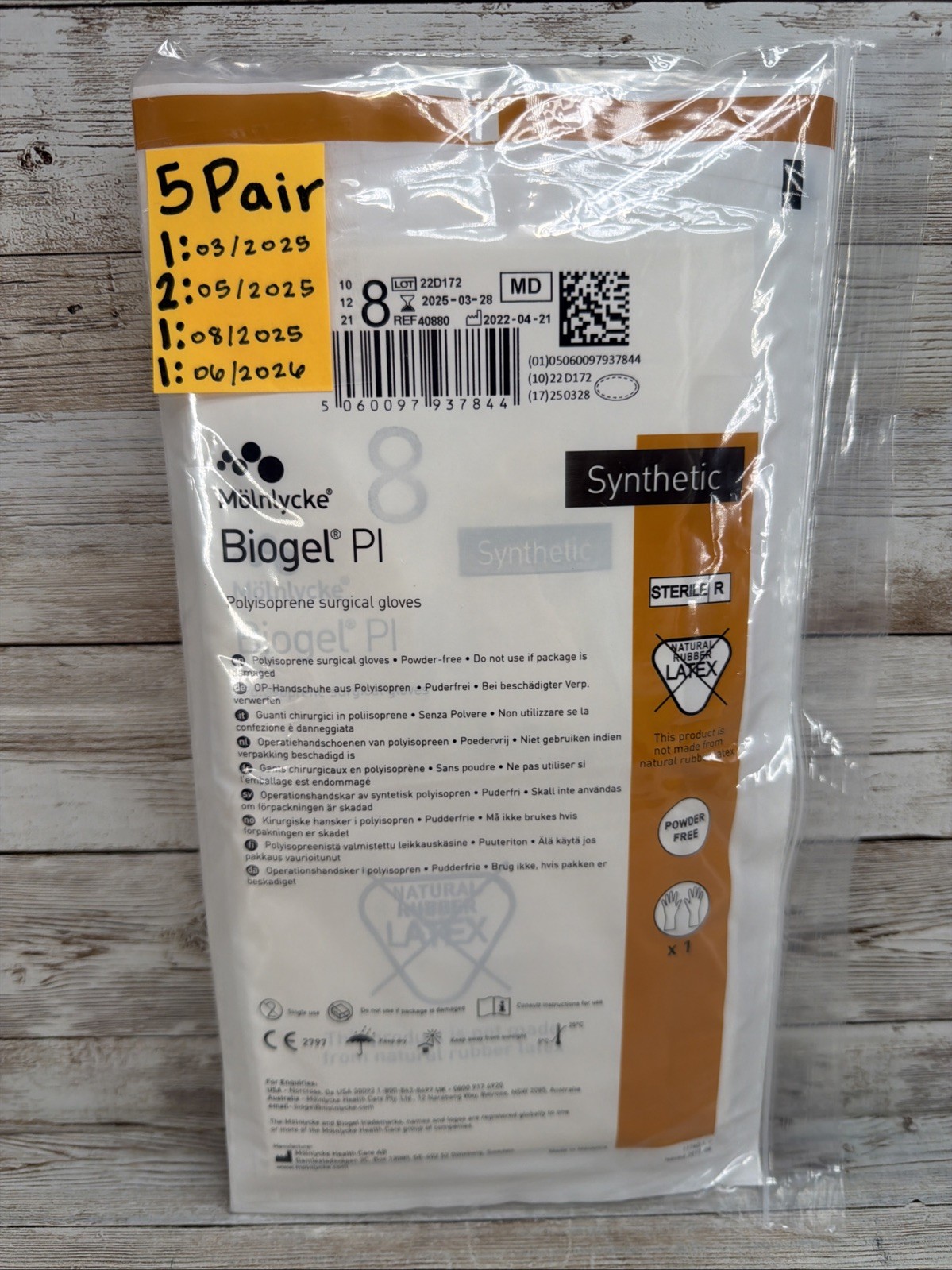 Biogel PI Surgical Gloves Sterile PF Molnlycke, *5 Pair* Size: 8 *See Dates*
