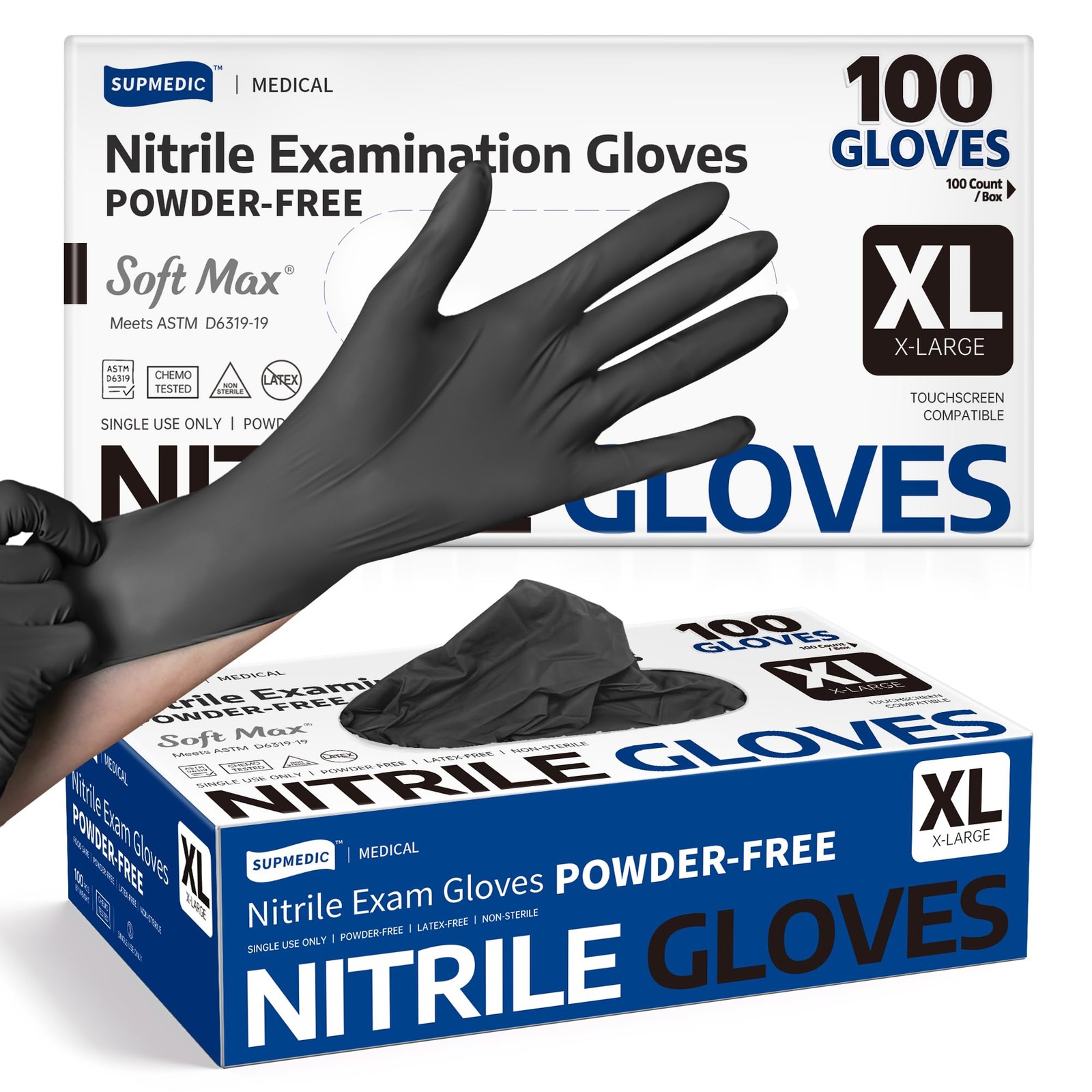 Supmedic Disposable Nitrile Gloves, Chemical X-Large, X-large (Black)