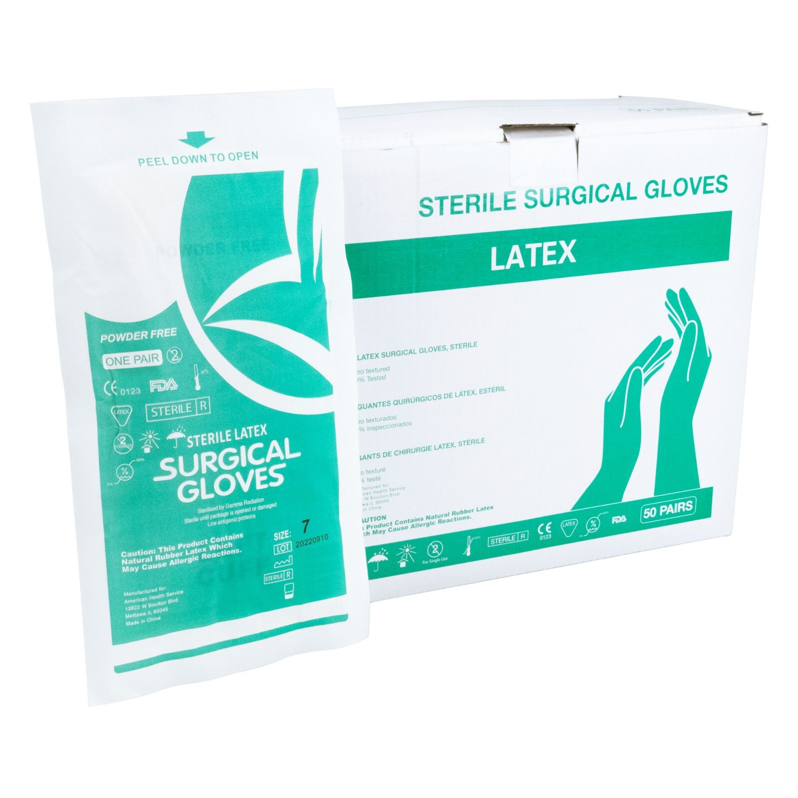 Sterile Latex Surgical Gloves, Size 7, Powder-Free, 50 Pairs/Box