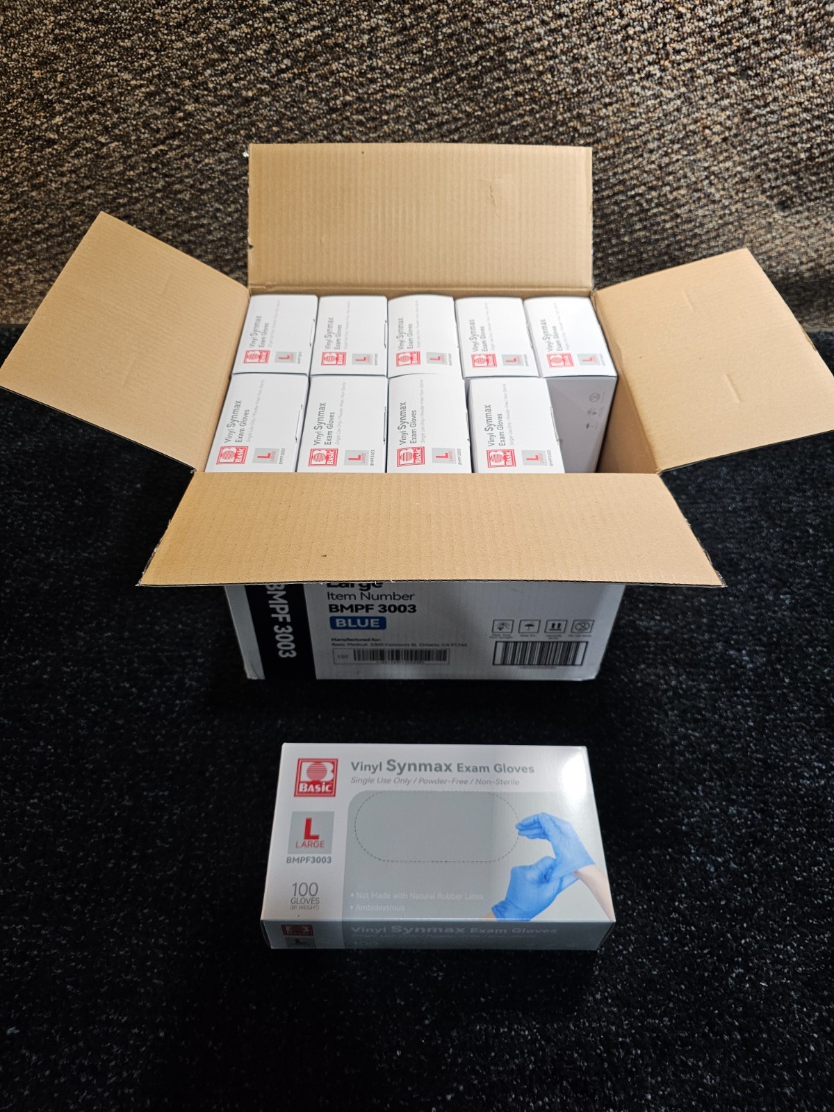 (QTY 1000) Basic Blue Vinyl Synmax Exam Gloves L SIZE BMPF-3003