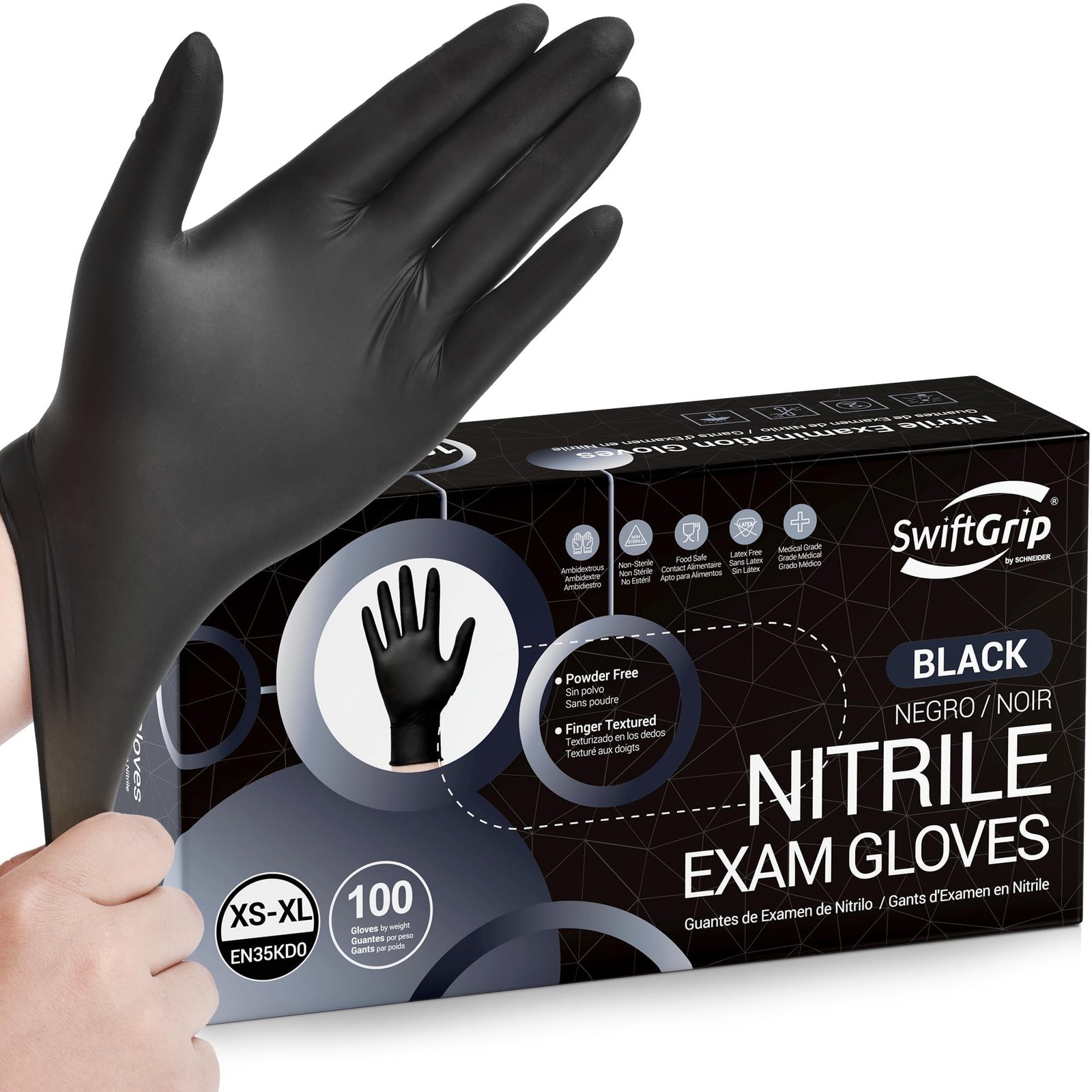SwiftGrip Black Nitrile Disposable Gloves, Powder Free, 100 ct, XL