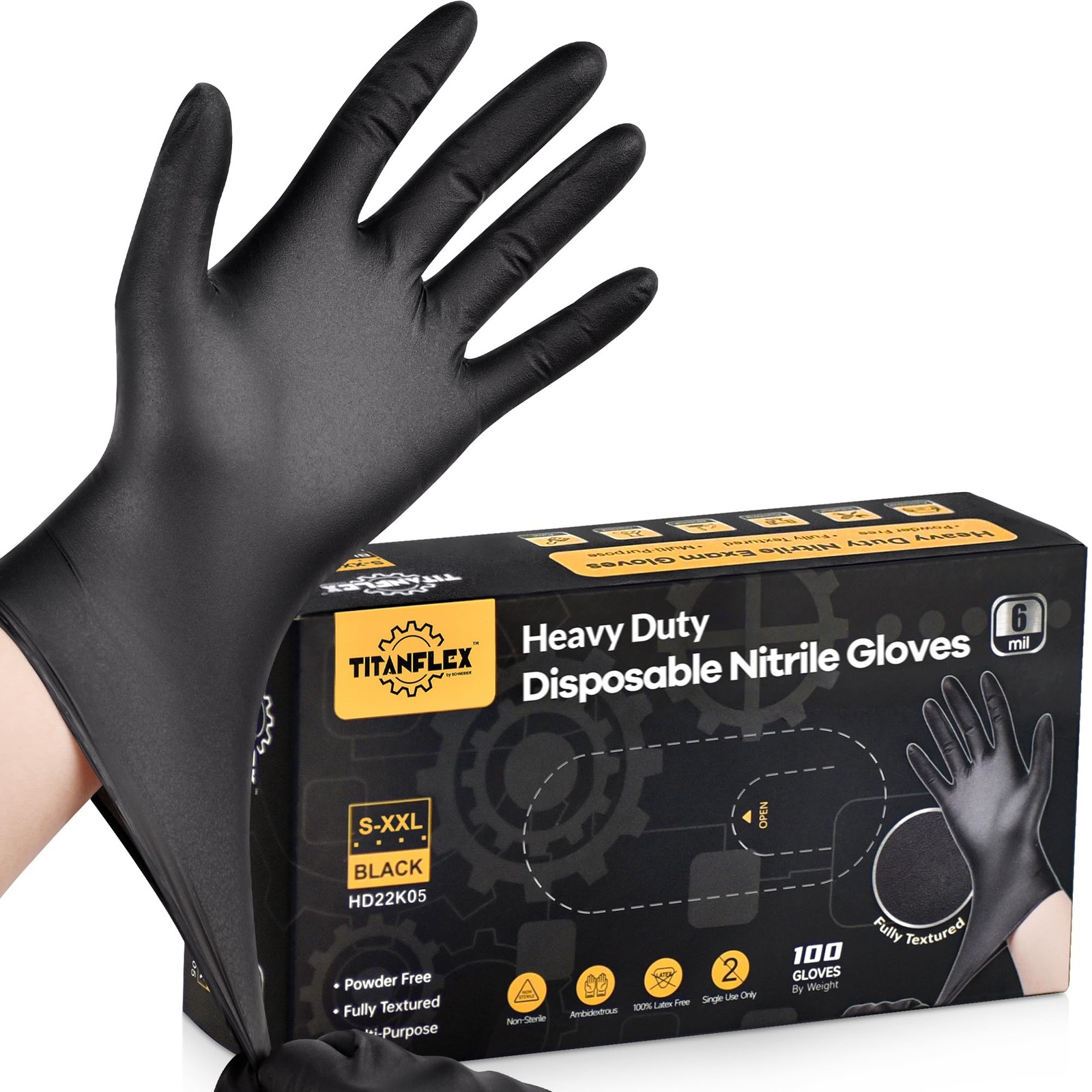 Heavy Duty Black Nitrile Gloves, 6-mil, Fully Textured, Large 100-ct Box, Mec…