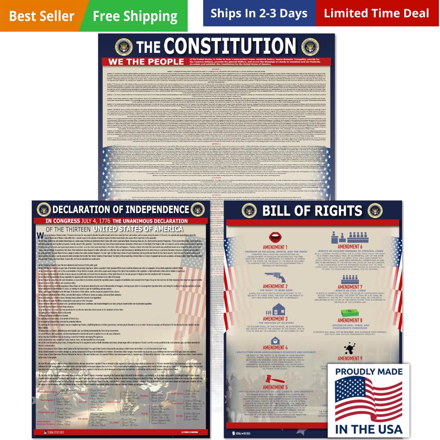 American Founding documents LARGE Laminated 3 pack: Constitution with all am…