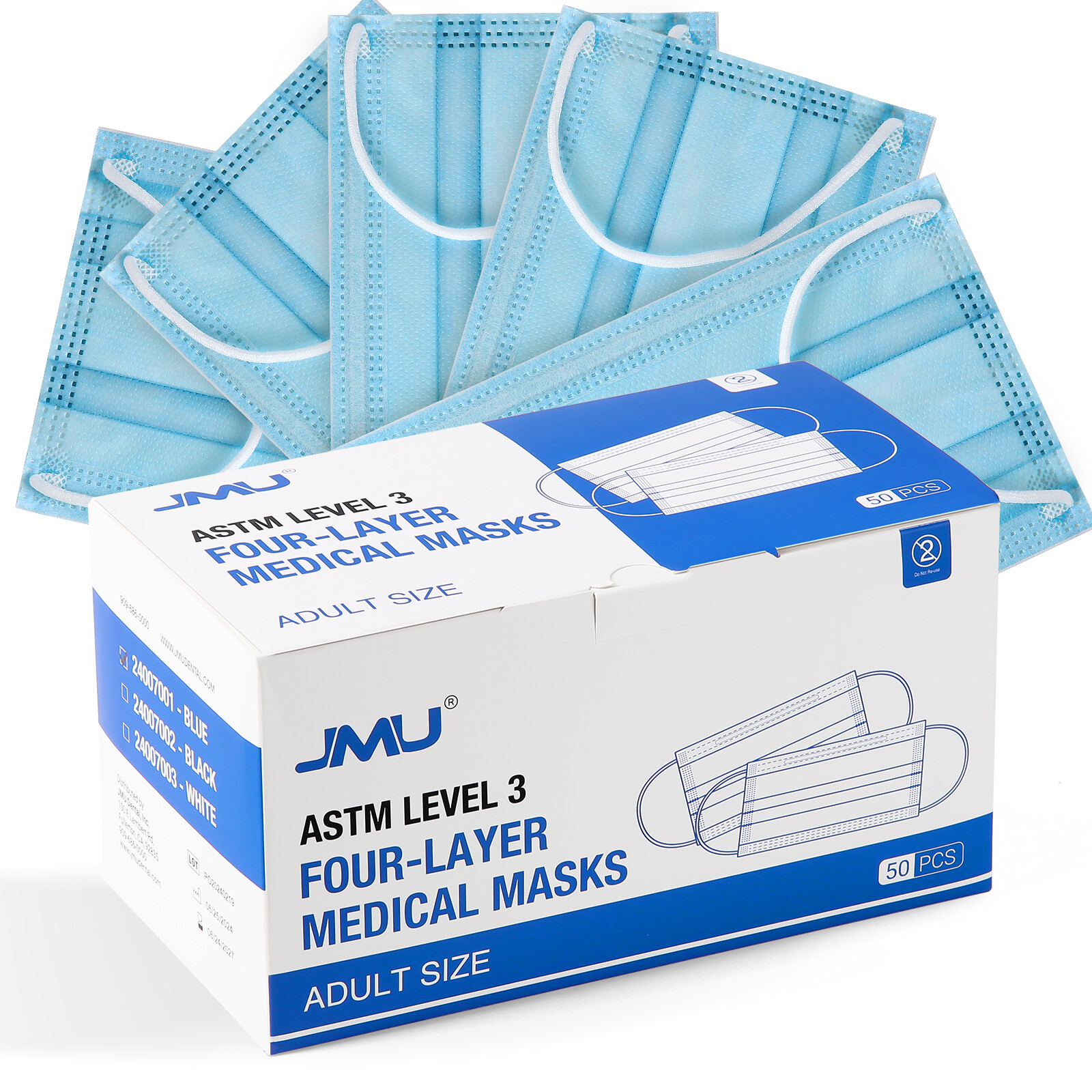 JMU Disposable Medical Face Masks, 4-Ply ASTM Level 3 Ear-Loop Face Masks 50pcs