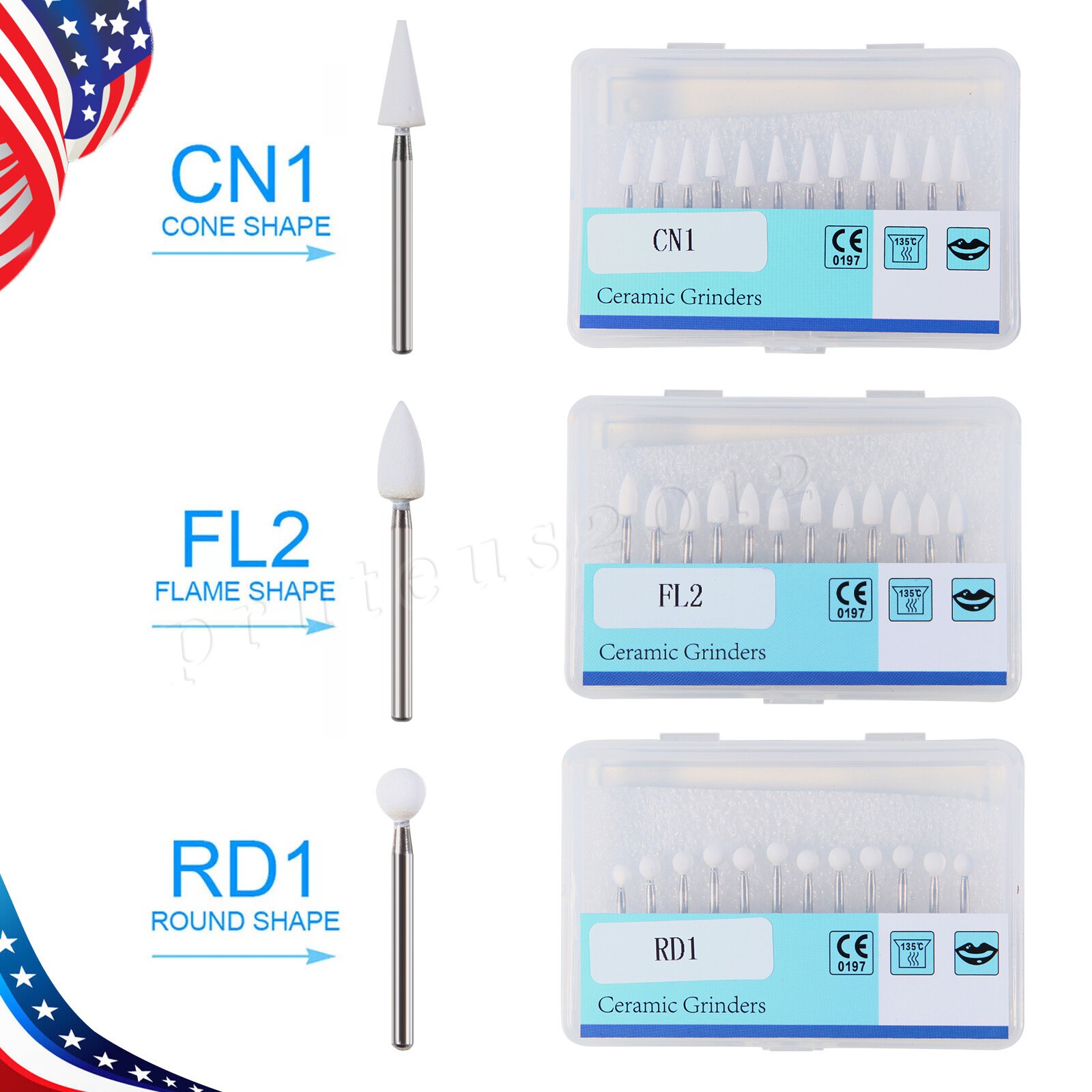Dental White Stone Polishing Burs FG Aluminum Oxide Flame/Cone/Round Shape st