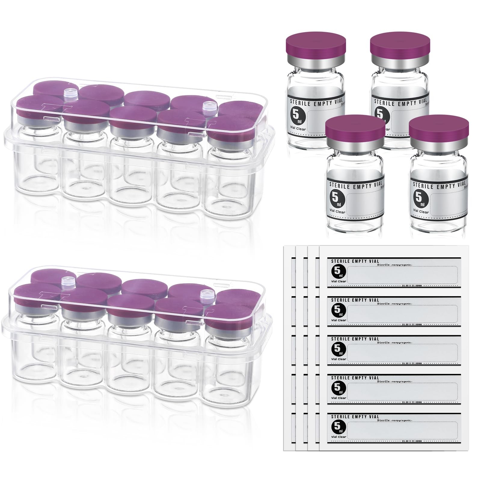Threlaco 20 Pcs 5ml Sealed Sterile Empty Vials with Self Healing 5ml, Purple