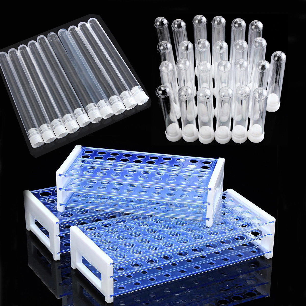 25/50pcs Plastic Test Tubes Vials with Caps & Pipe Rack Holder Stand 40/50 Holes