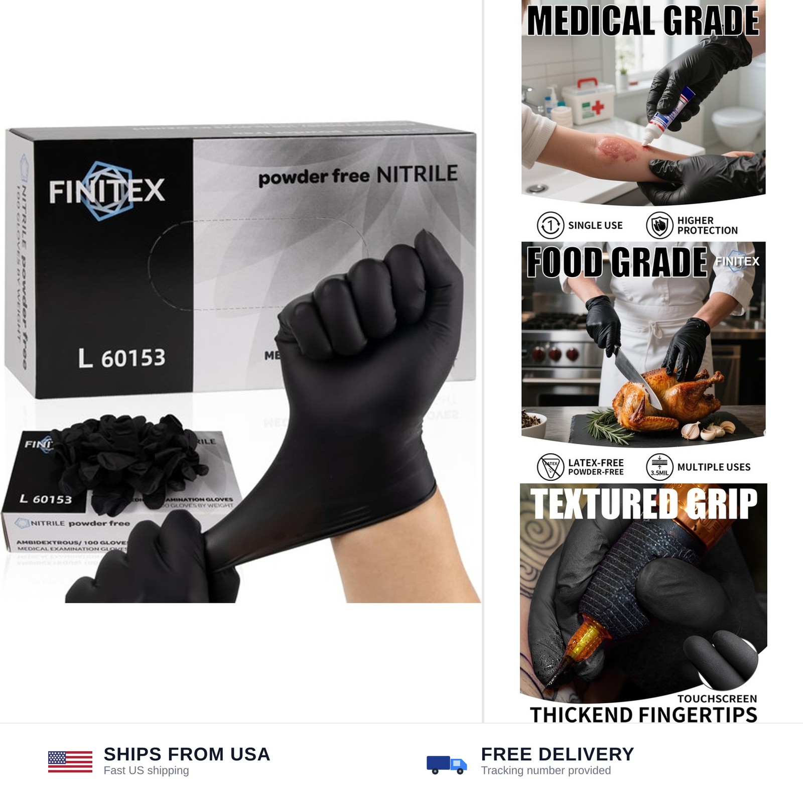 FINITEX Nitrile Disposable Gloves – Black, 3.5mil, 100PCS, Powder-Free, Medic…