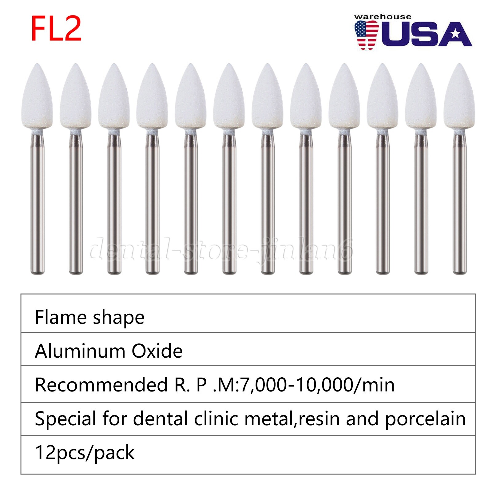 Dental High Speed FG Polishing Bur Kit Resin White Stone Flame Shape 12 Pcs/Set