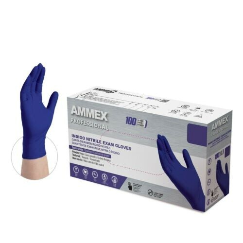 AMMEX Indigo Nitrile Disposable Exam/Medical Gloves 3 Mil Latex-Free, Box of 100