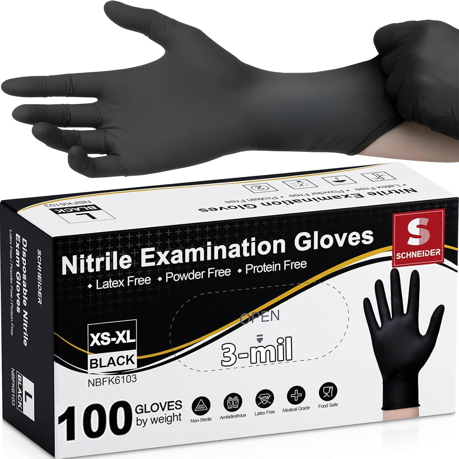 Schneider Medical Black Nitrile Exam Glove, Latex Free Powder Free Disposable Gl