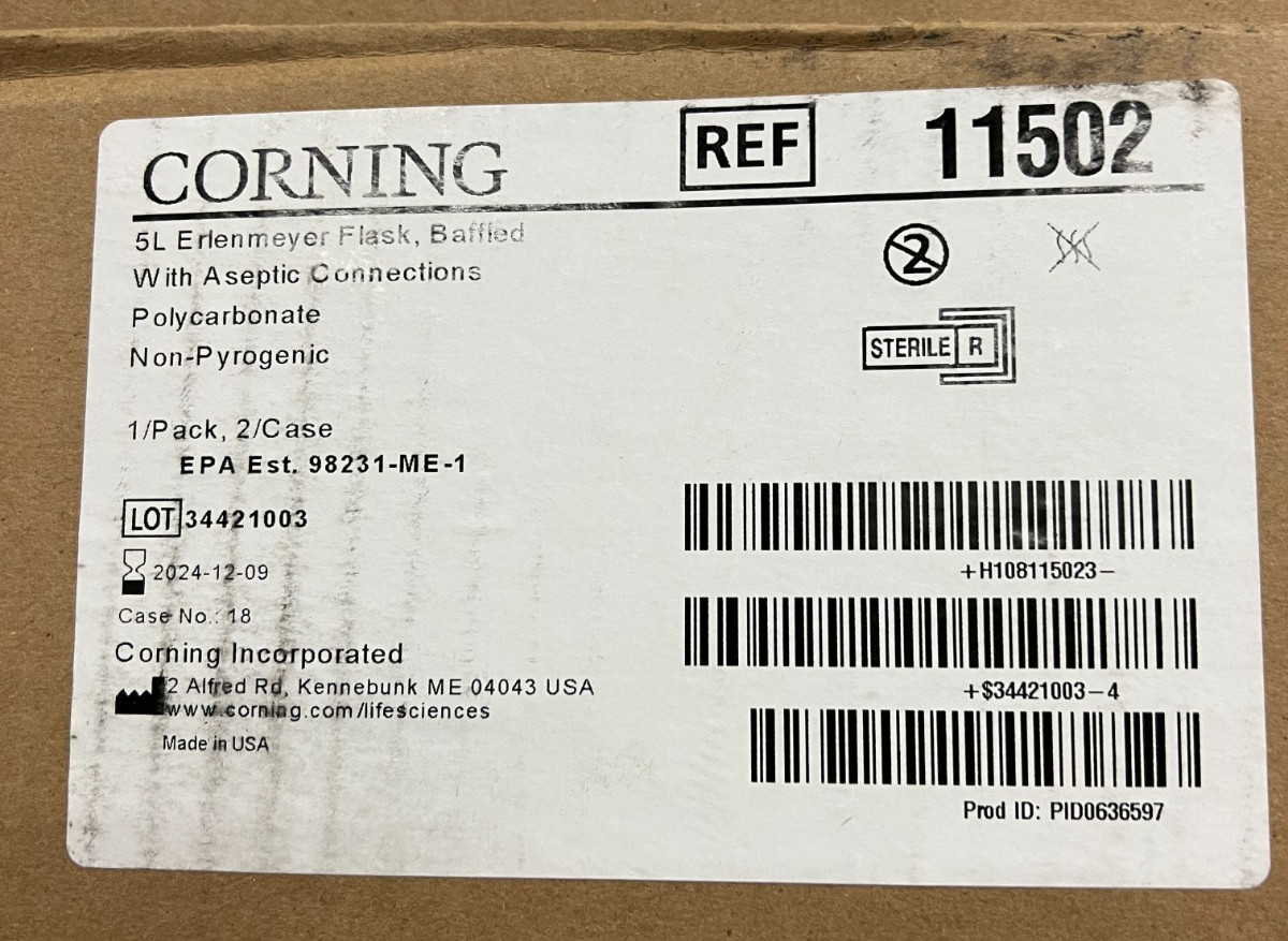 Corning 11502 5L Baffled Bottom Erlenmeyer Flask – 100mm Transfer Cap 2 per box