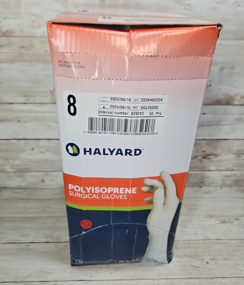 HALYARD Polyisoprene Surgical Gloves Size: 8 *DENTED Box 50 Pair* *See Date*6-25