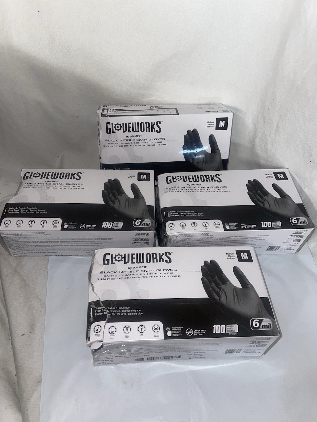 (4) Gloveworks Black Nitrile Exam Gloves, 6 Mil Size Medium