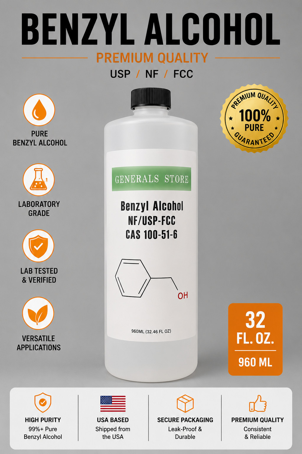 32oz. Benzyl Alcohol USP/NF FCC High Purity Lab Grade – 2nd Day Air Fast Shiping