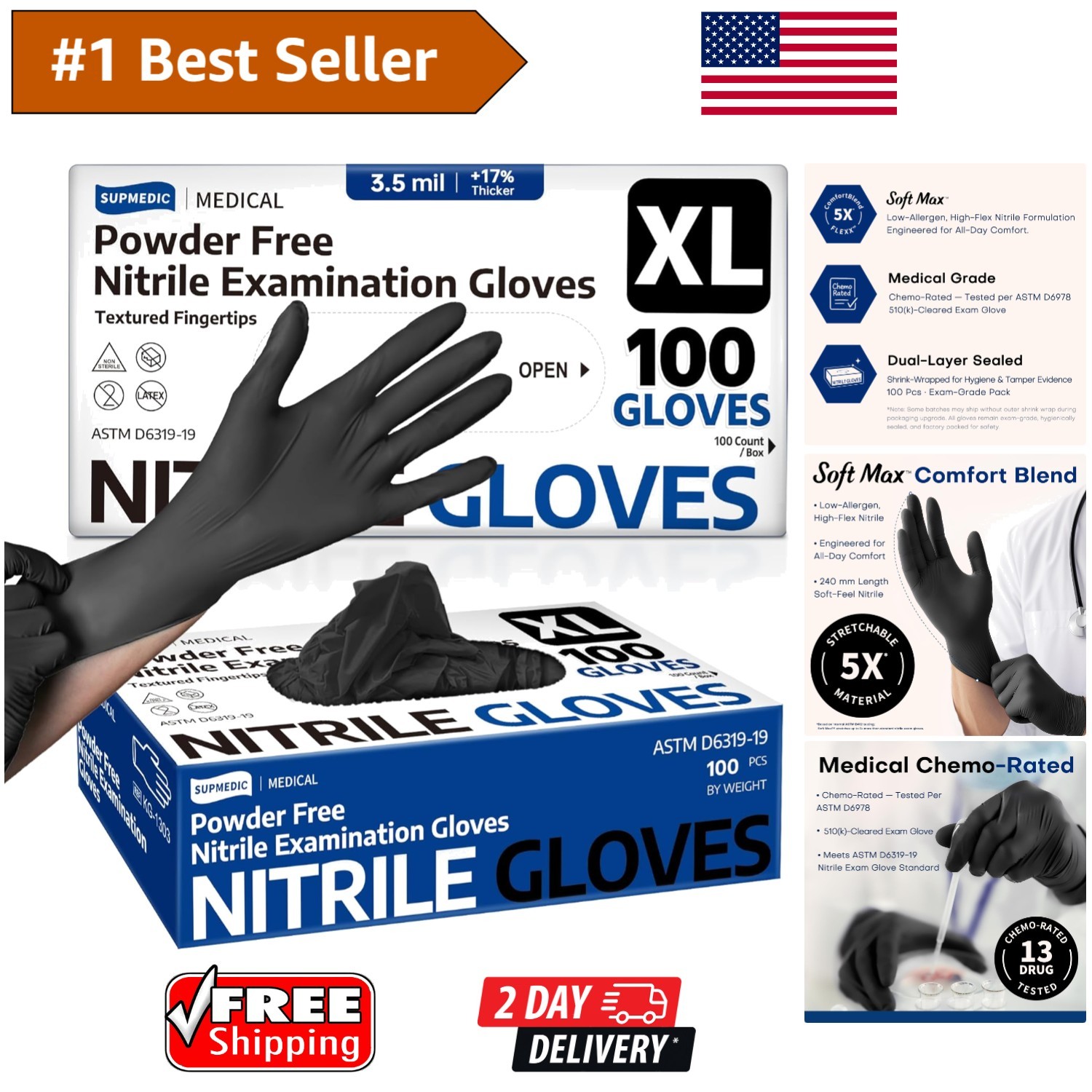 Disposable Black Nitrile Gloves, 100 Count – Medical & Food Safe – X-Large Size