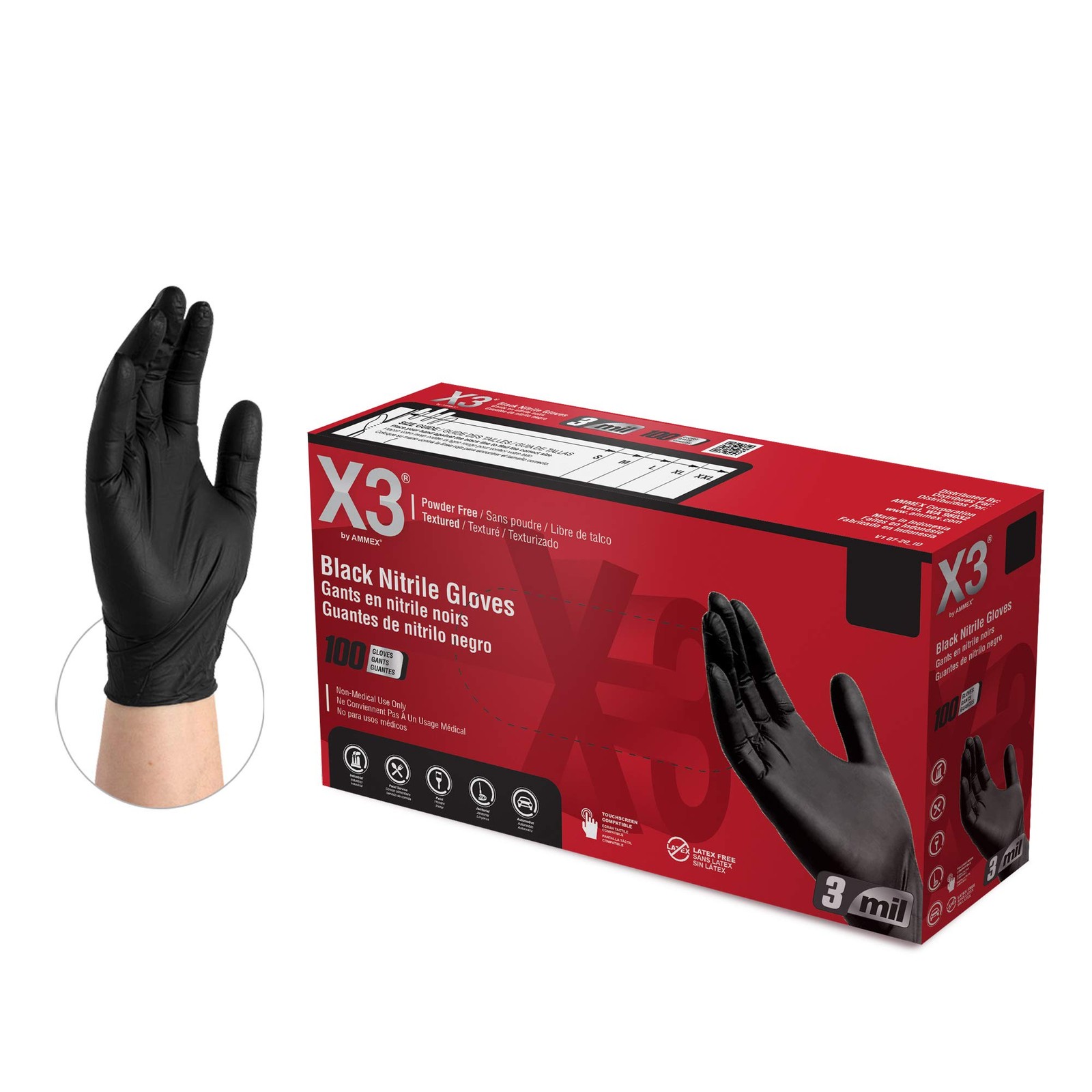 X3 Black Gloves, Disposable, Latex Free, Nitrile, for XX-Large,