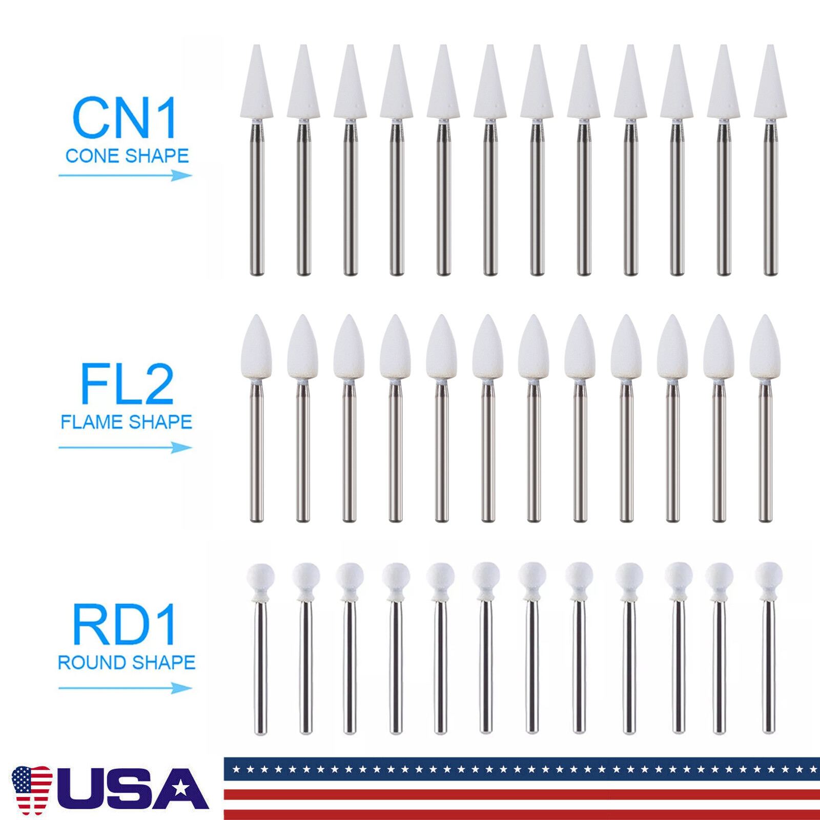 Dental FG White Stone Polish Burs Porcelain Resin Handpiece Cone /Flame/Round OR