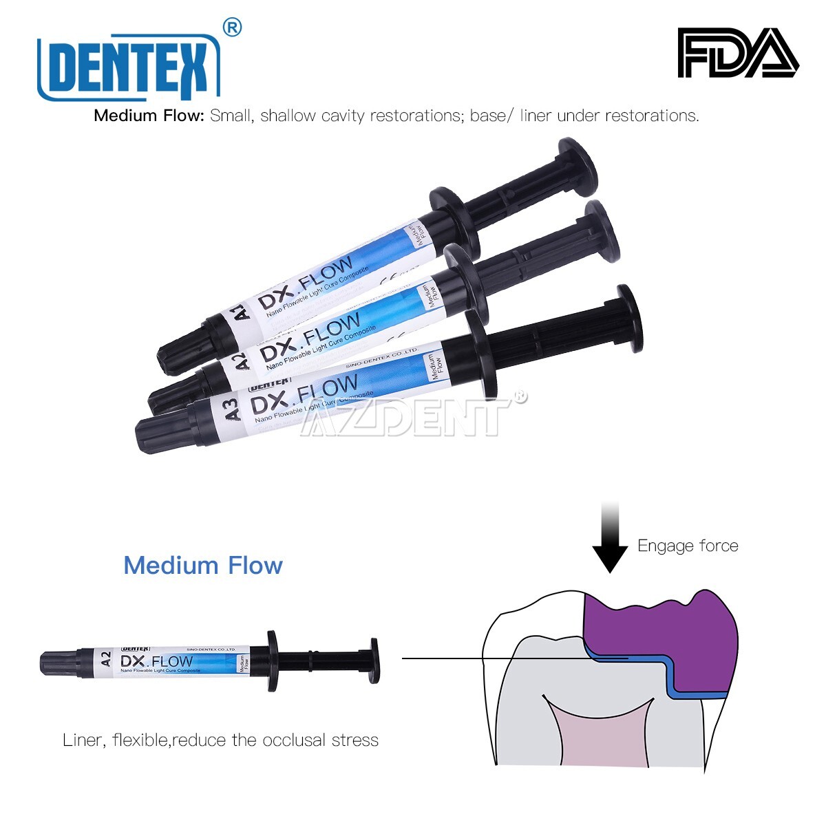 DENTEX Dental Light Cure Flowable Composite Resin Medium Flow Shade A2 3g/Pc