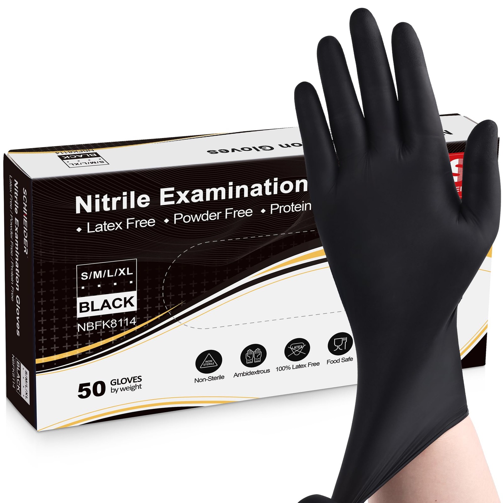 Schneider Black Nitrile Exam Gloves, Medium, 5 Mil Disposable