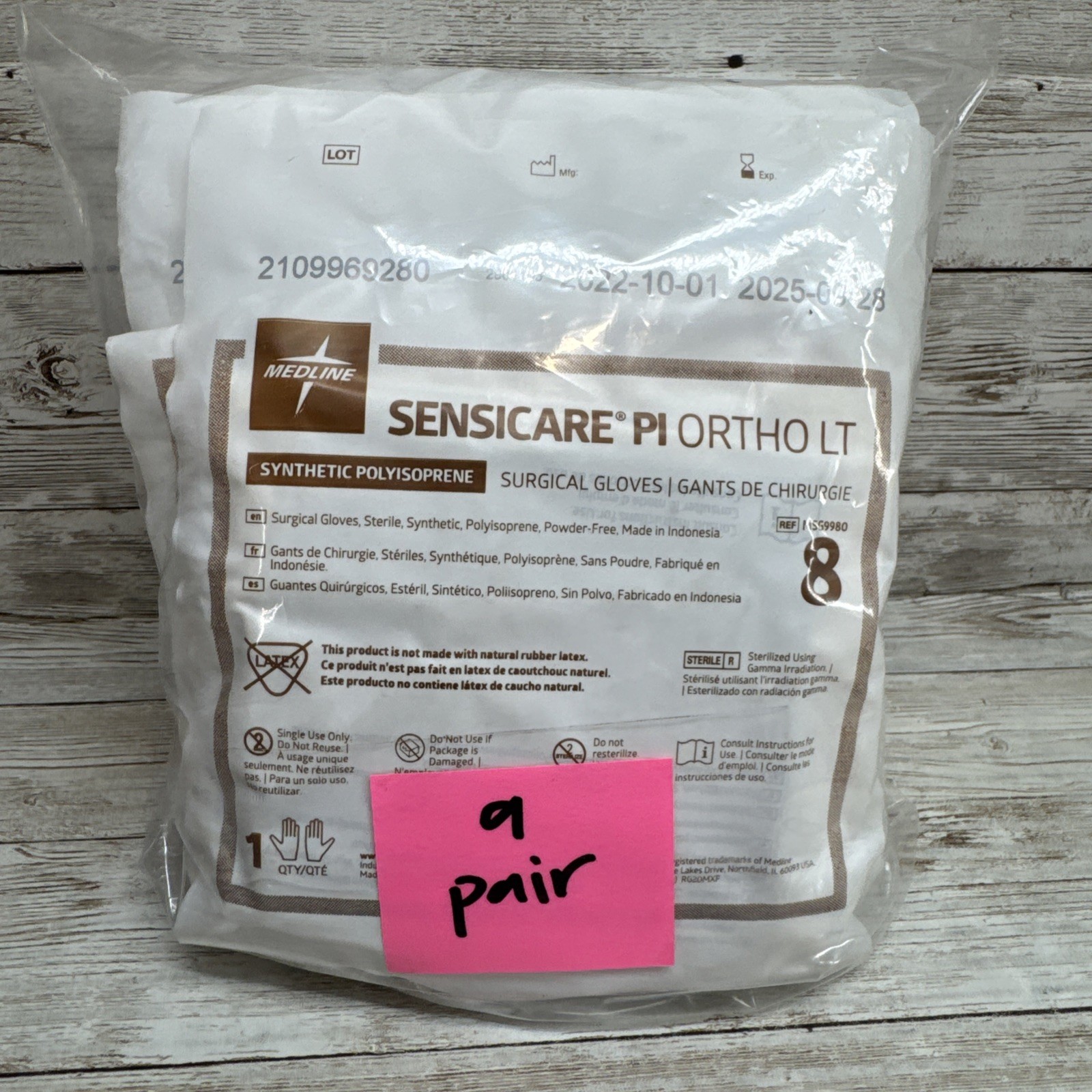 Sensicare Surgical Gloves PI ORTHO LT Synthetic Sterile *9 Pair* Size 8 Exp 9/25