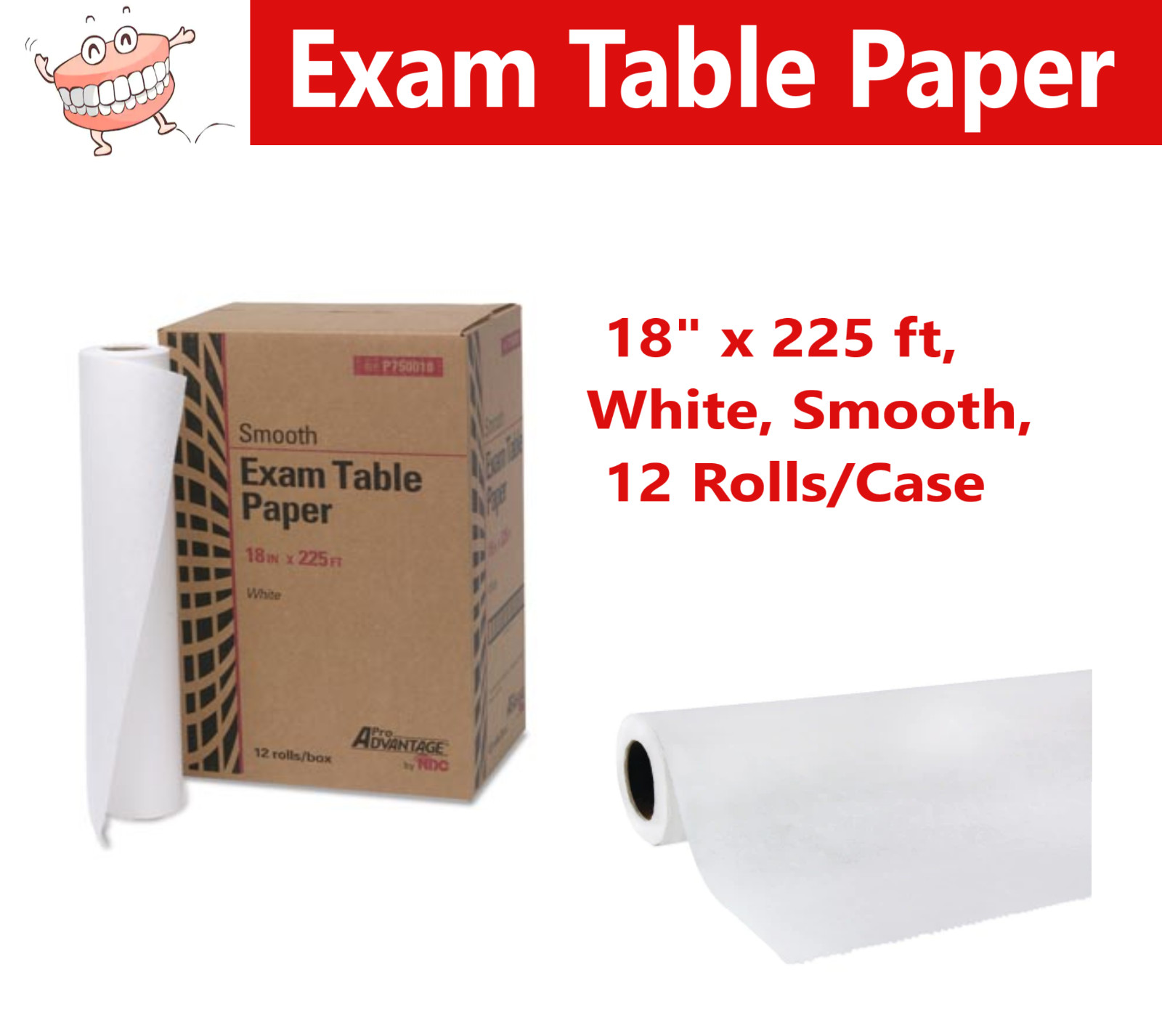 Physical Therapy Exam Table Paper, 18″ x 225 ft, White, Smooth, 12 Rolls/Case