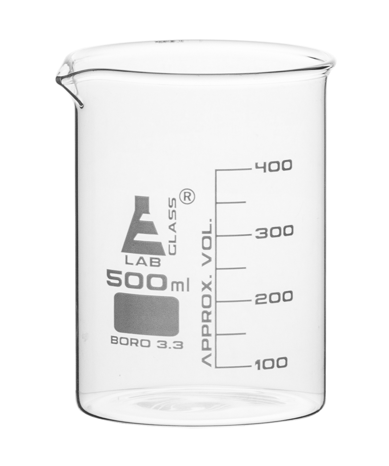 Eisco Labs 500ml Beaker, Low Form – 50ml Graduations – Borosilicate Glass