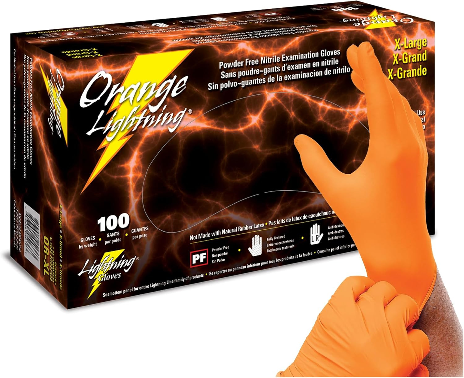 Orange Lightning Exam Gloves, Disposable, Powder-Free Nitrile Gloves, Orange, Ex