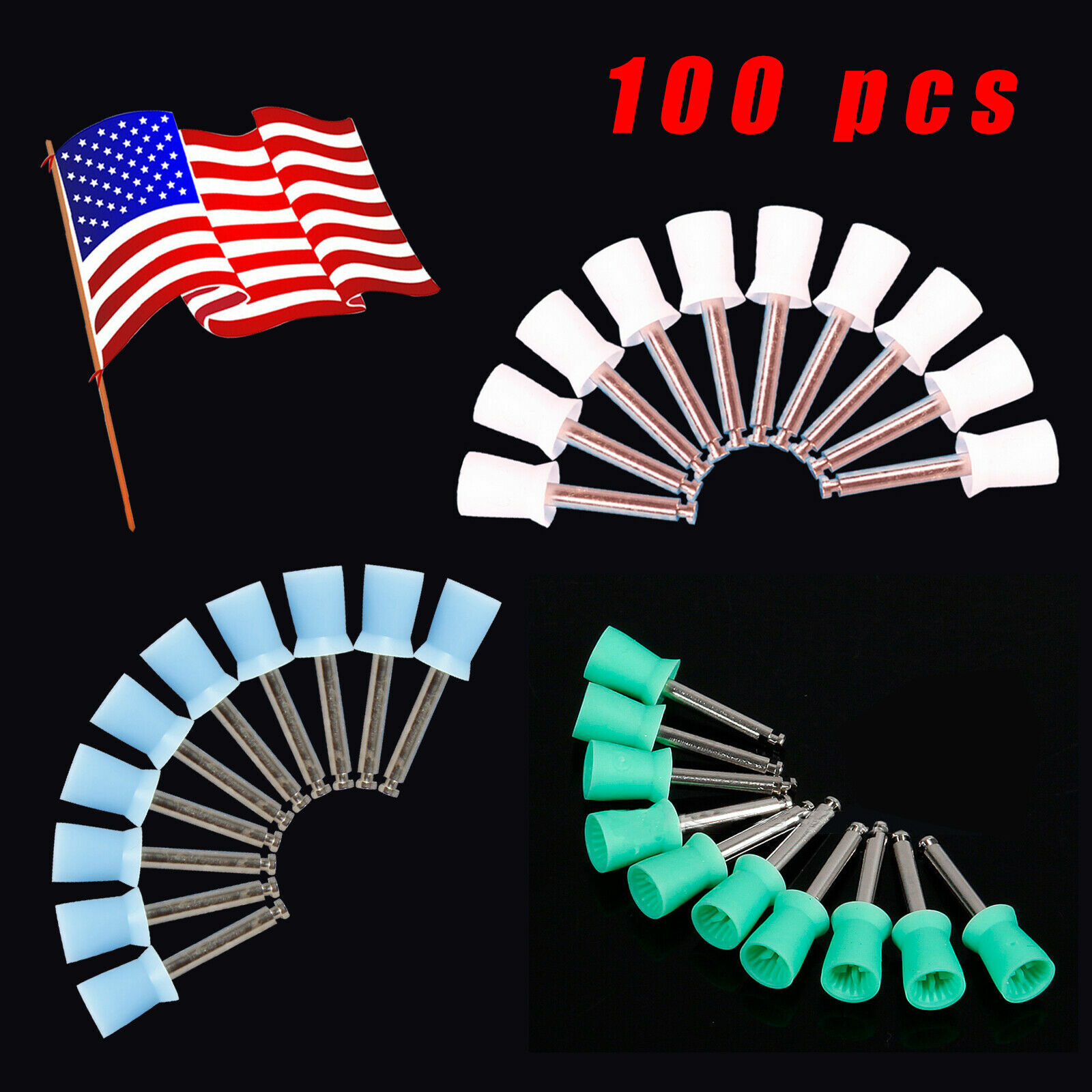 100 pcs Dental Rubber Prophy Polish Polishing Cups Brush Latch Green Blue White