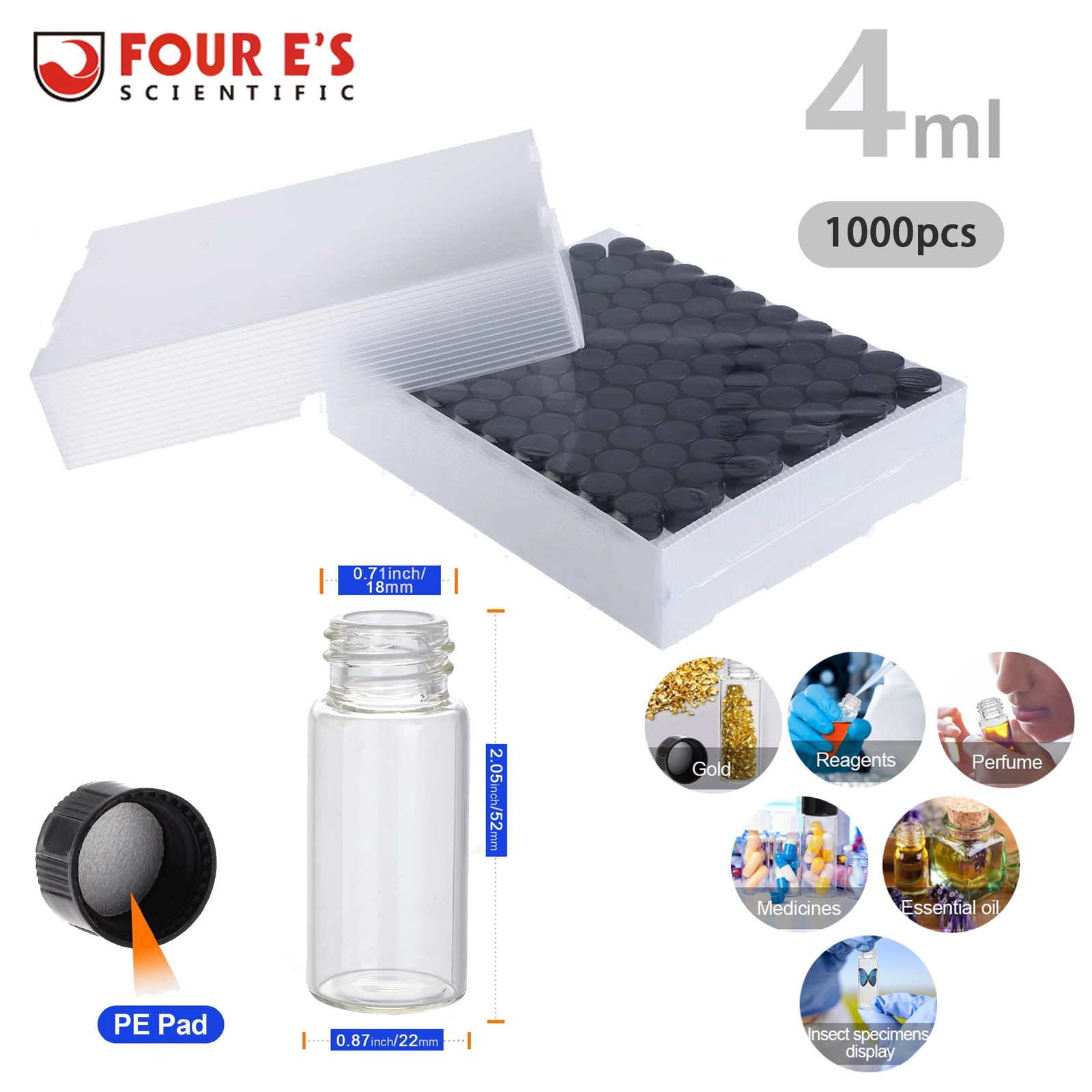1000PCS 10ml Glass Vials w/ Screw Caps Sample Vials Lab vials Clear Small Bottle