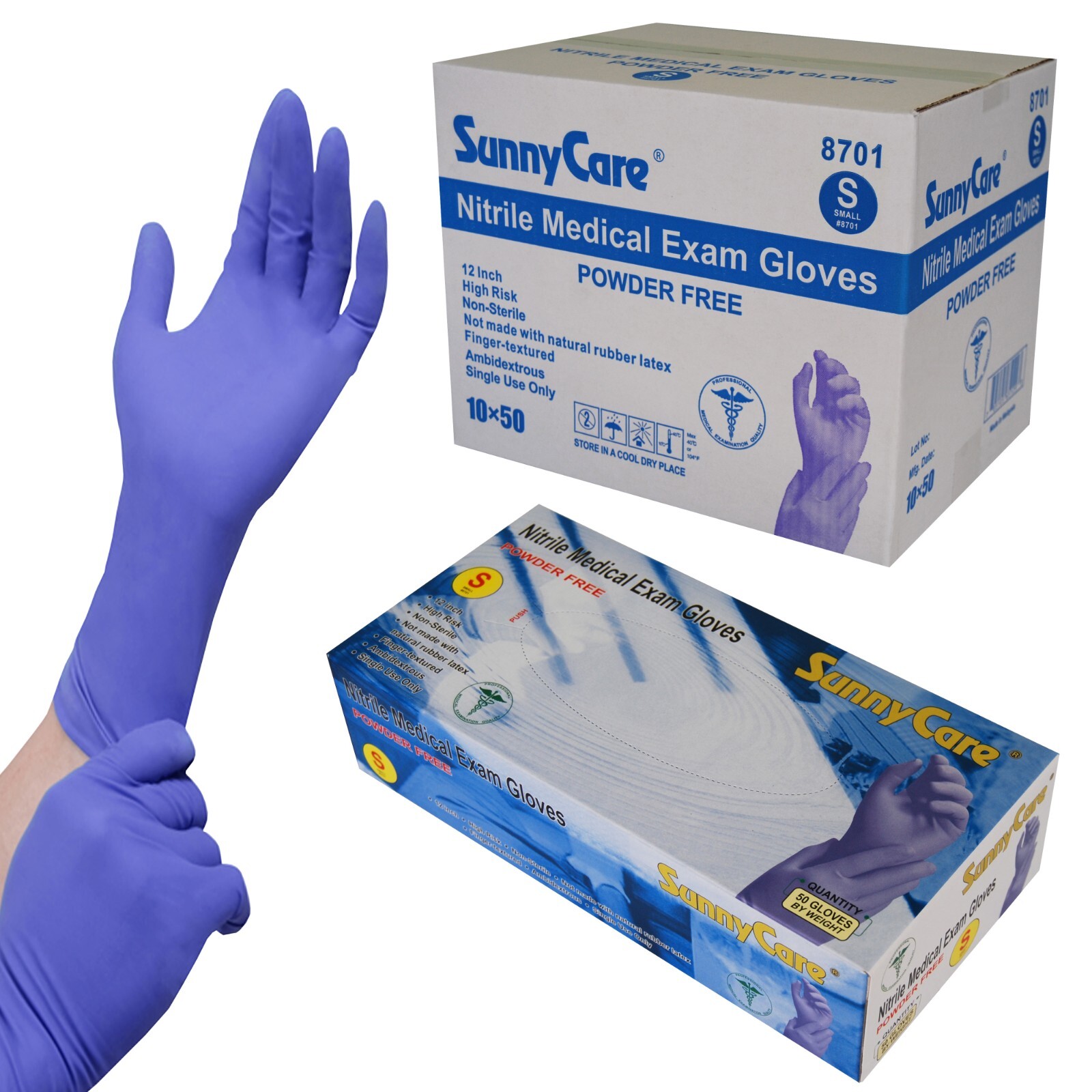 500pcs #8701 SunnyCare 12″ Nitrile Exam Glove High Risk Heavy Duty 8mil – Small